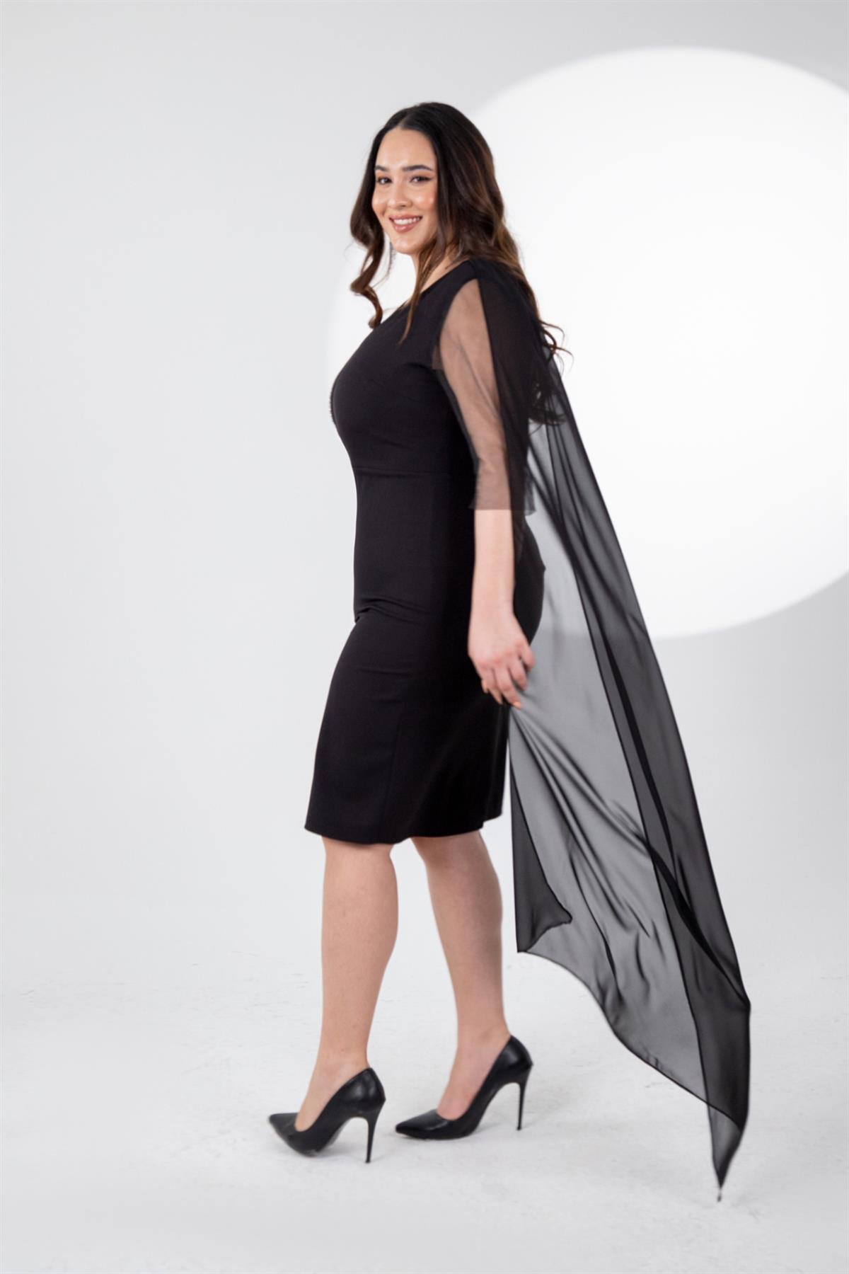 Büyük Beden 242630 Ön-Arka V Yaka Abiye Elbise  Siyah