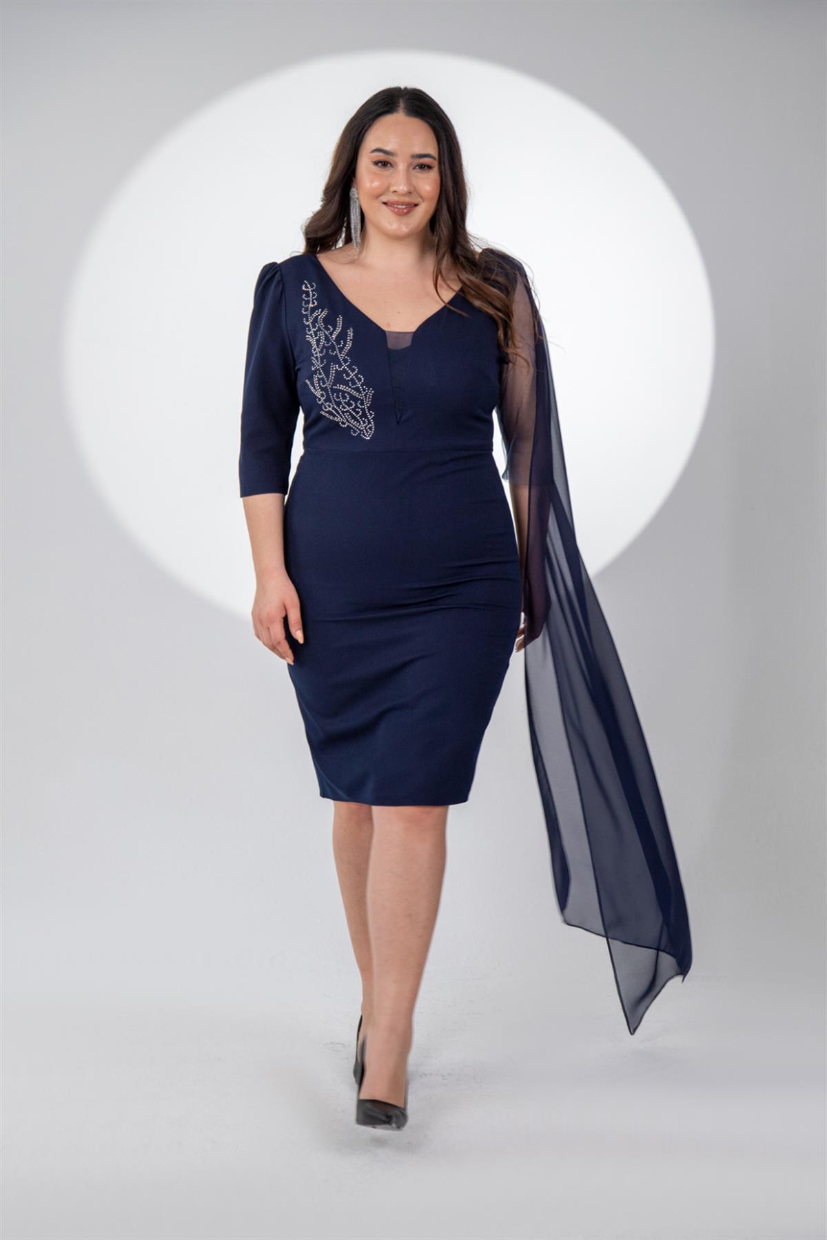 Büyük Beden 242630 Ön-Arka V Yaka Abiye Elbise  Lacivert