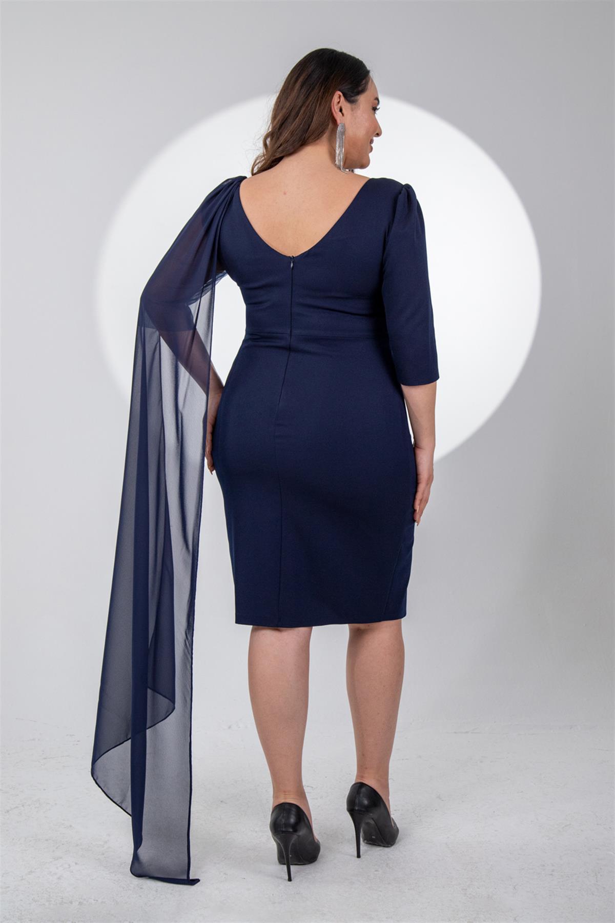 Büyük Beden 242630 Ön-Arka V Yaka Abiye Elbise  Lacivert