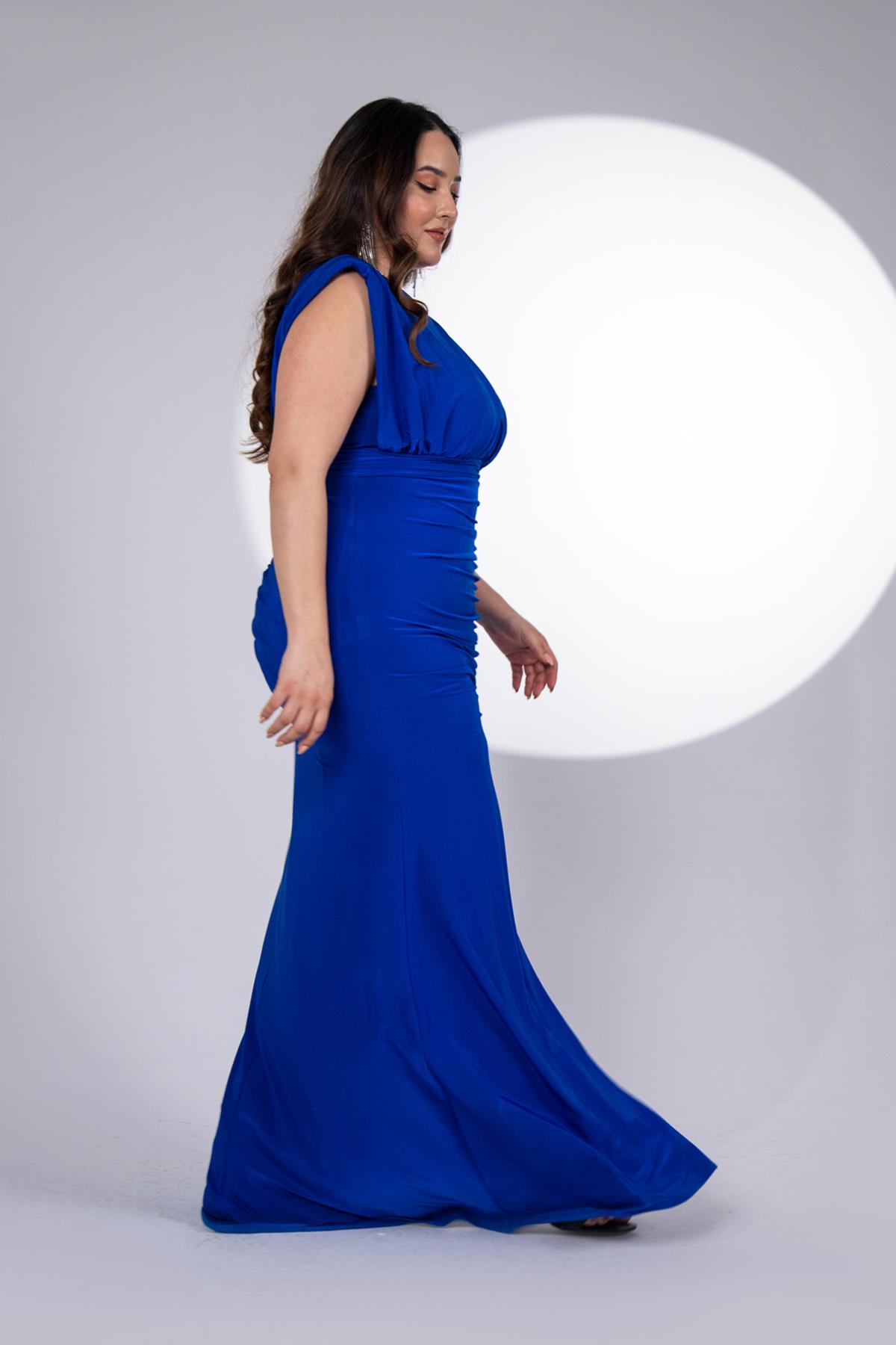 Büyük Beden 242649 Büzgülü Yırtmaçlı Elbise  Saks