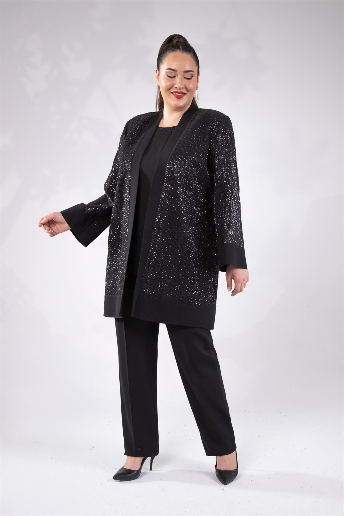 Büyük Beden 2428431 Üçlü Abiye Takımj  Siyah