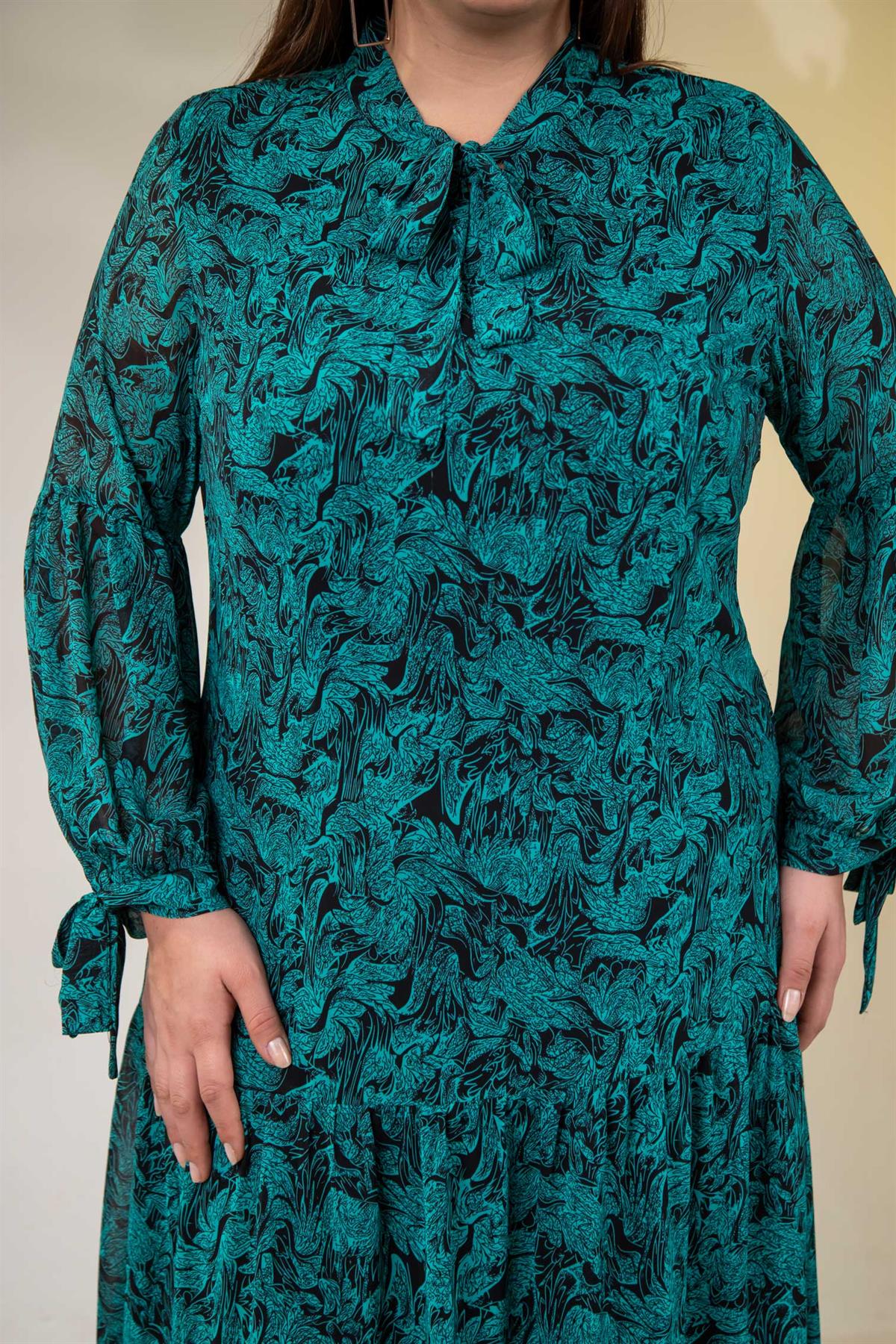 Büyük Beden 3330128 Yaka Bağlamalı Elbise  Yeşıl