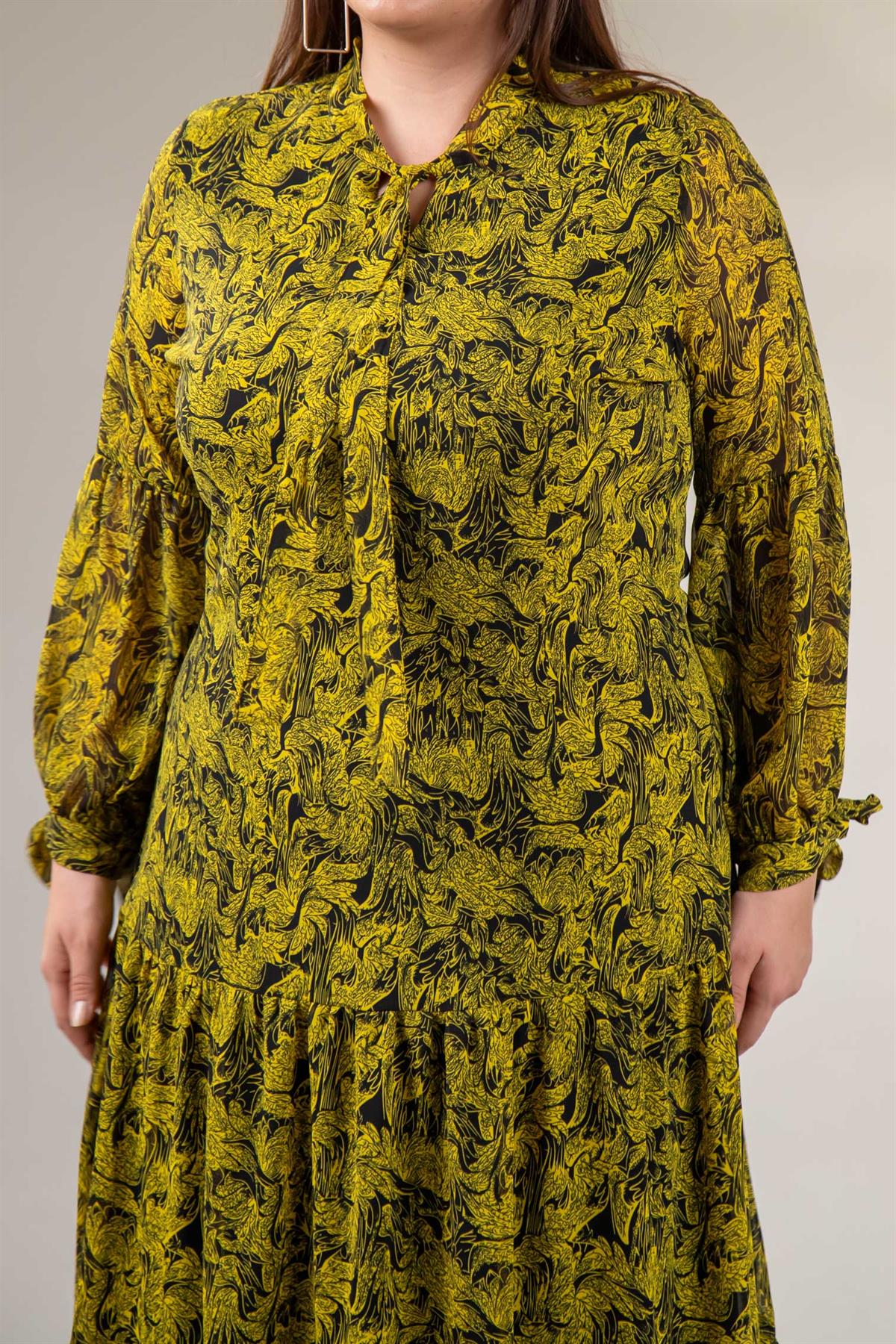 Büyük Beden 3330128 Yaka Bağlamalı Elbise  Sarı