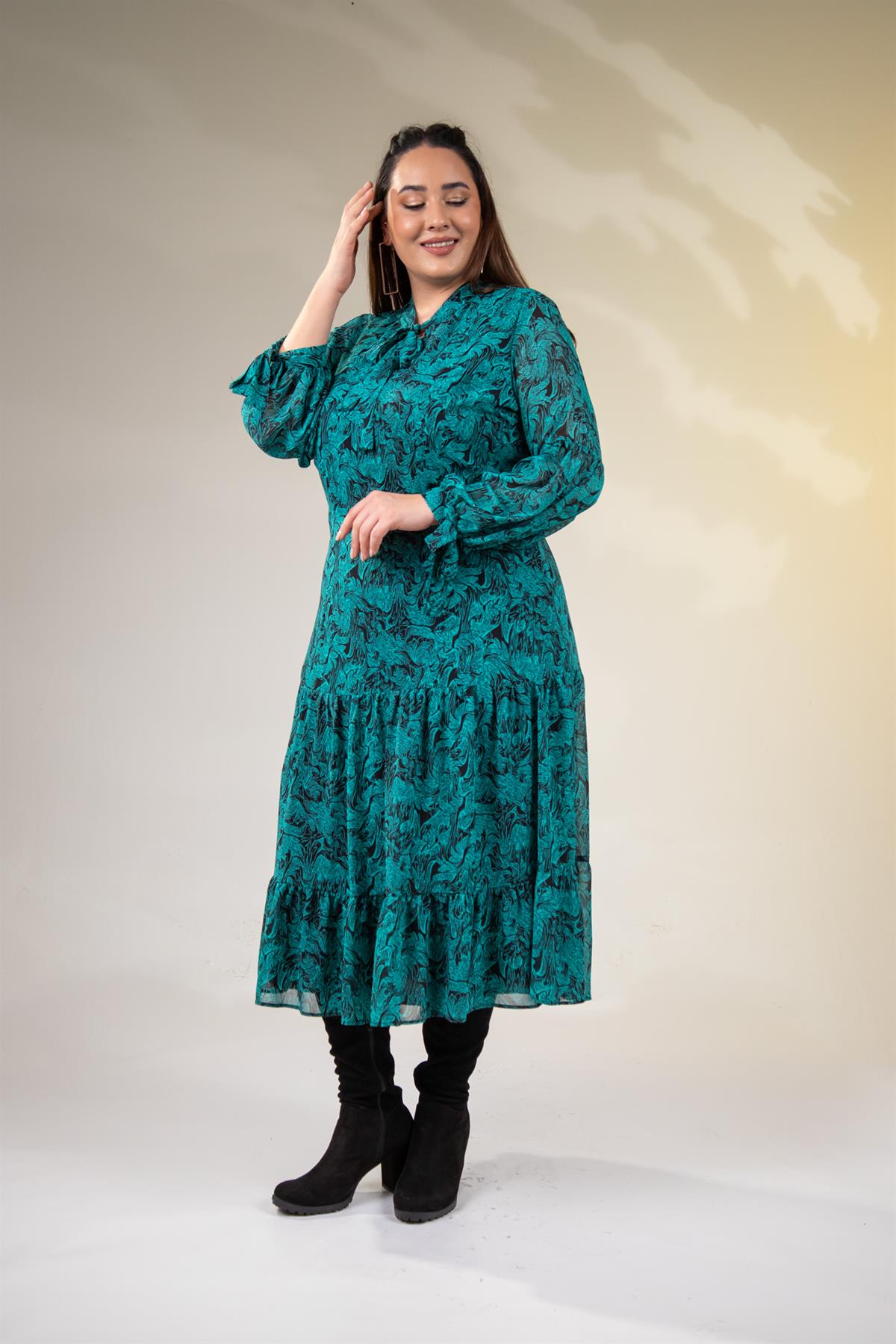 Büyük Beden 3330128 Yaka Bağlamalı Elbise  Yeşıl