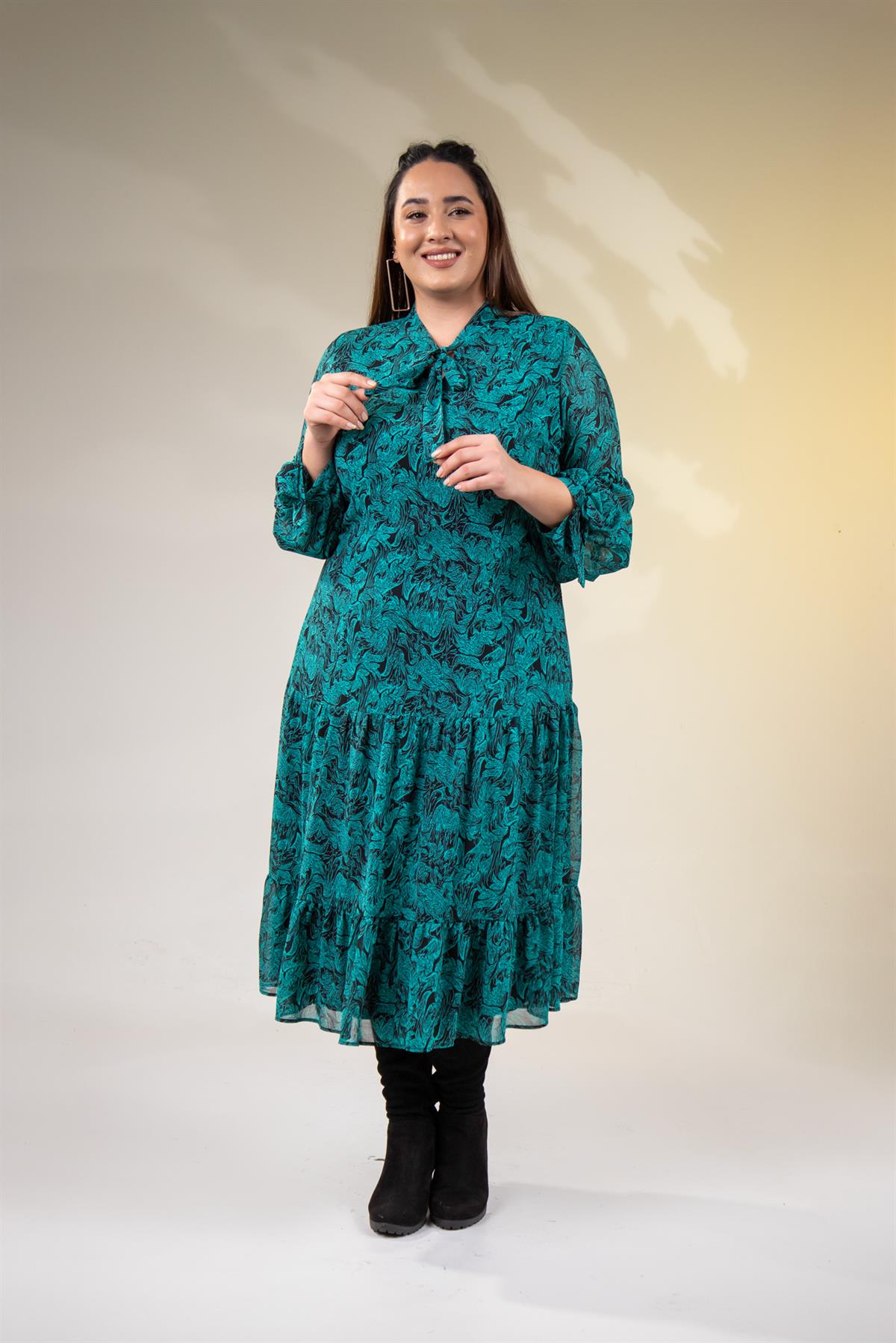 Büyük Beden 3330128 Yaka Bağlamalı Elbise  Yeşıl