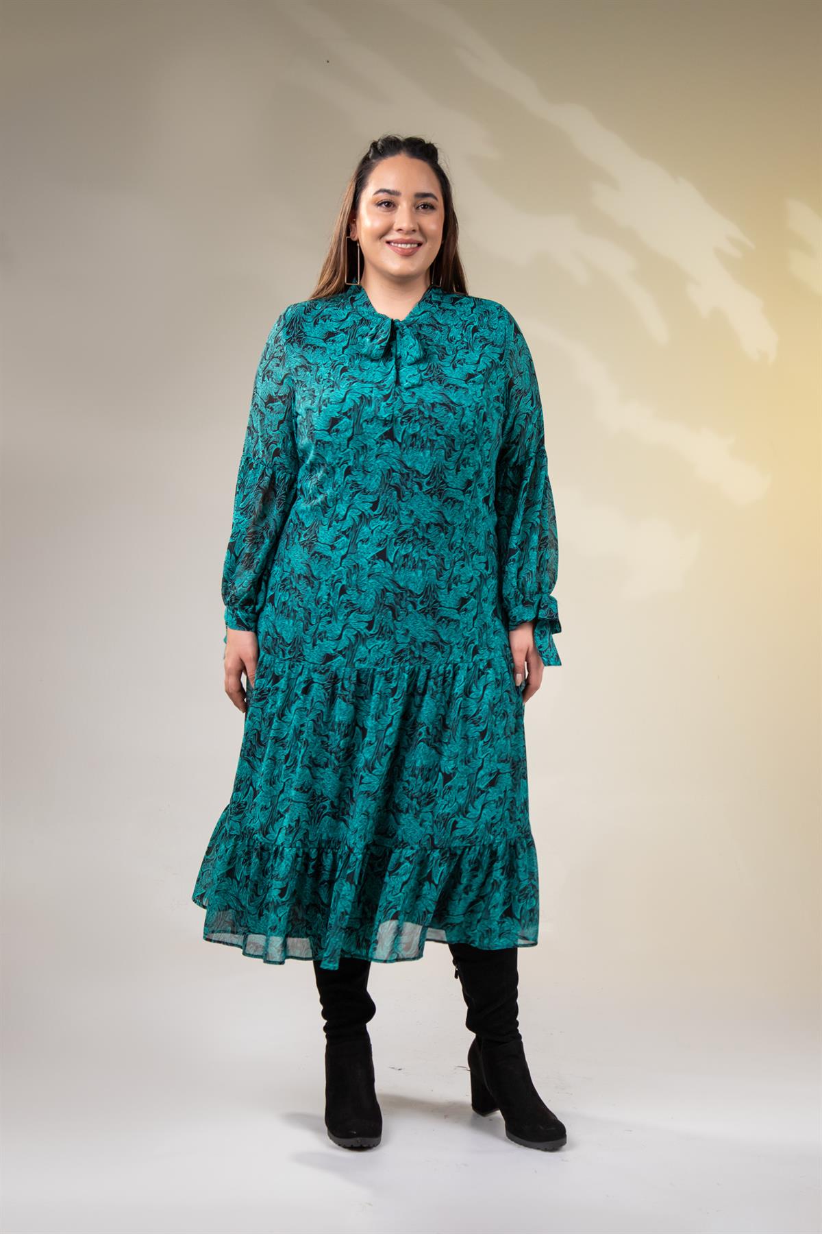 Büyük Beden 3330128 Yaka Bağlamalı Elbise  Yeşıl