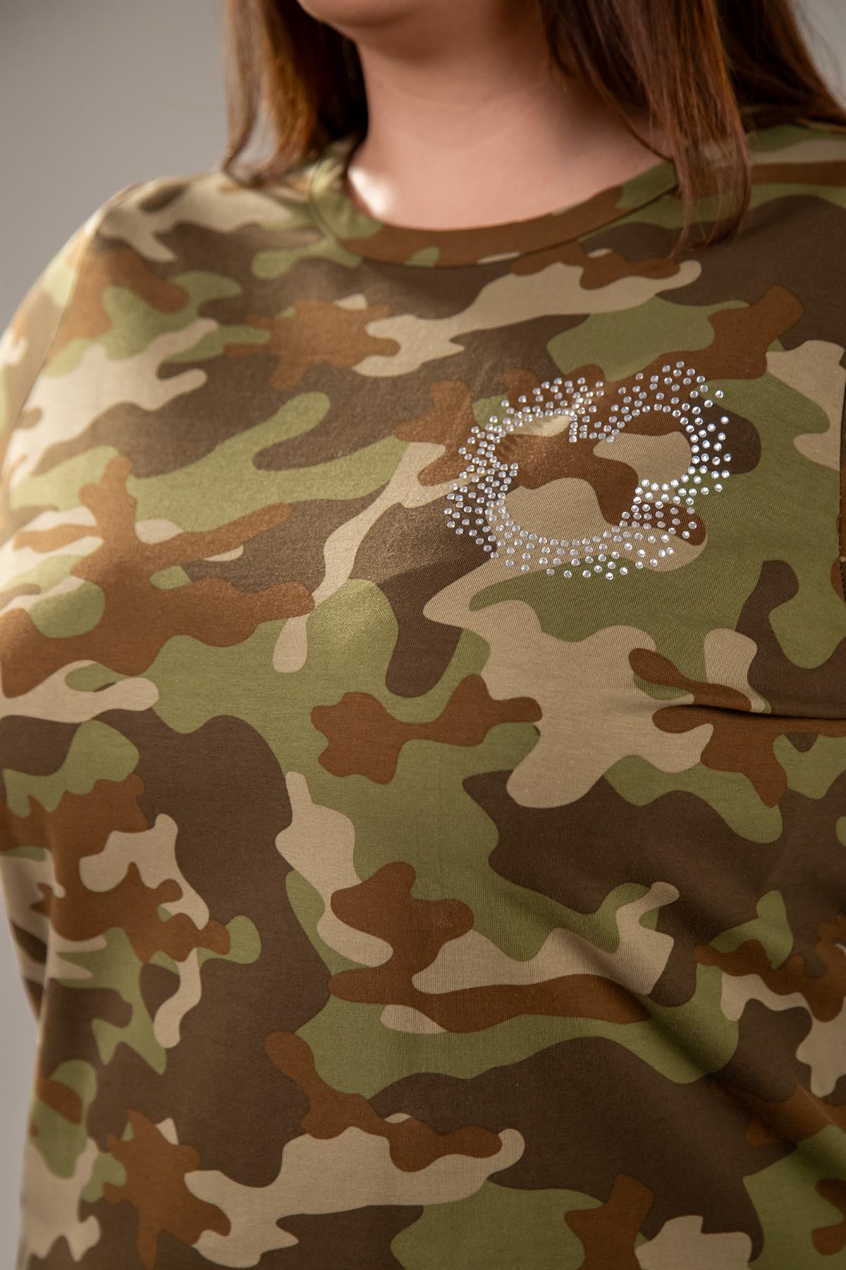 Büyük Beden 3330164 Taşlı Kamuflaj Bluz Haki