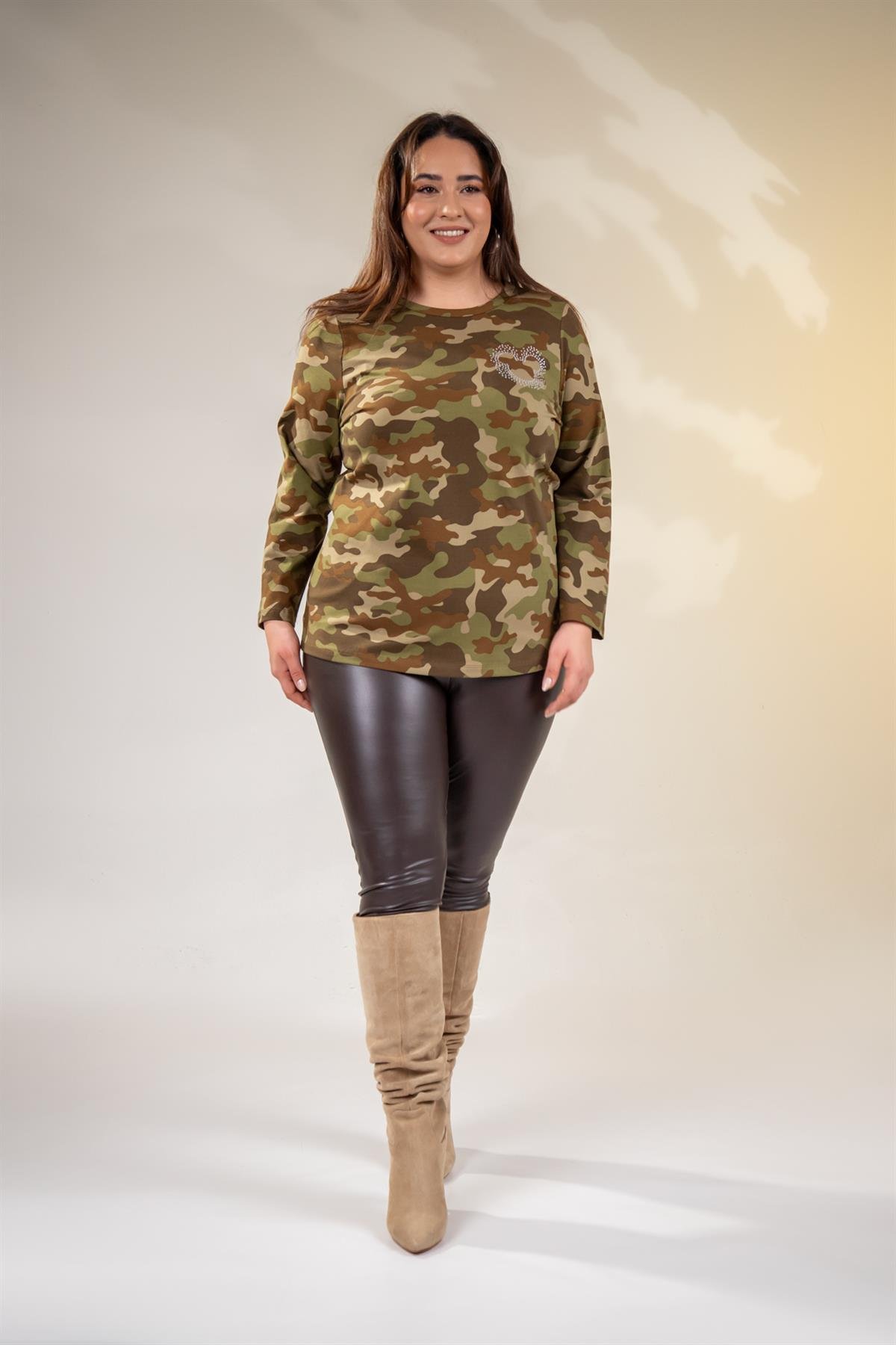 Büyük Beden 3330164 Taşlı Kamuflaj Bluz Haki