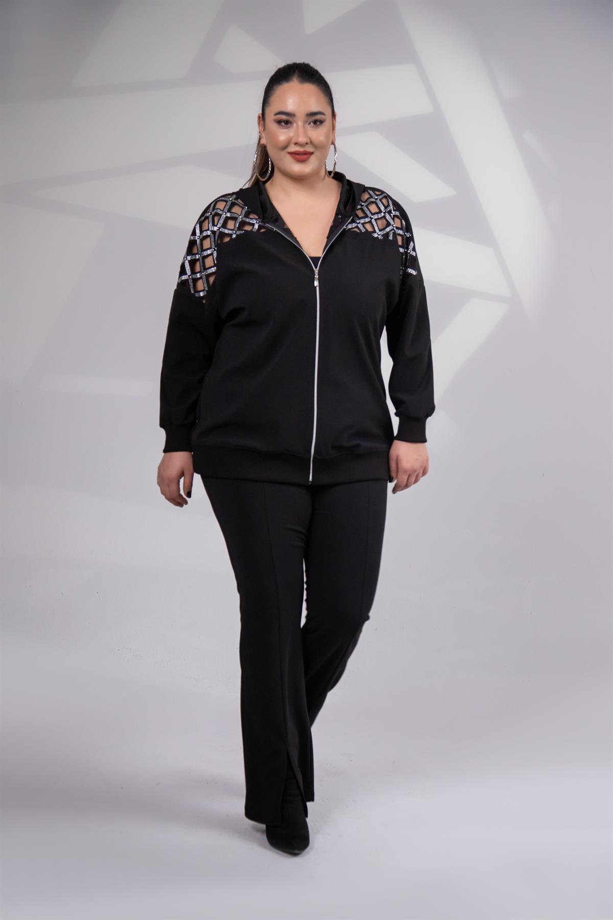 Büyük Beden 3330182 Taş Detaylı Sweat Siyah