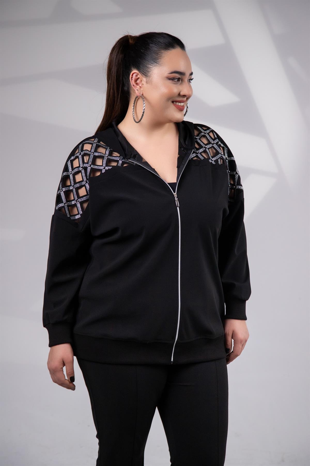 Büyük Beden 3330182 Taş Detaylı Sweat Siyah