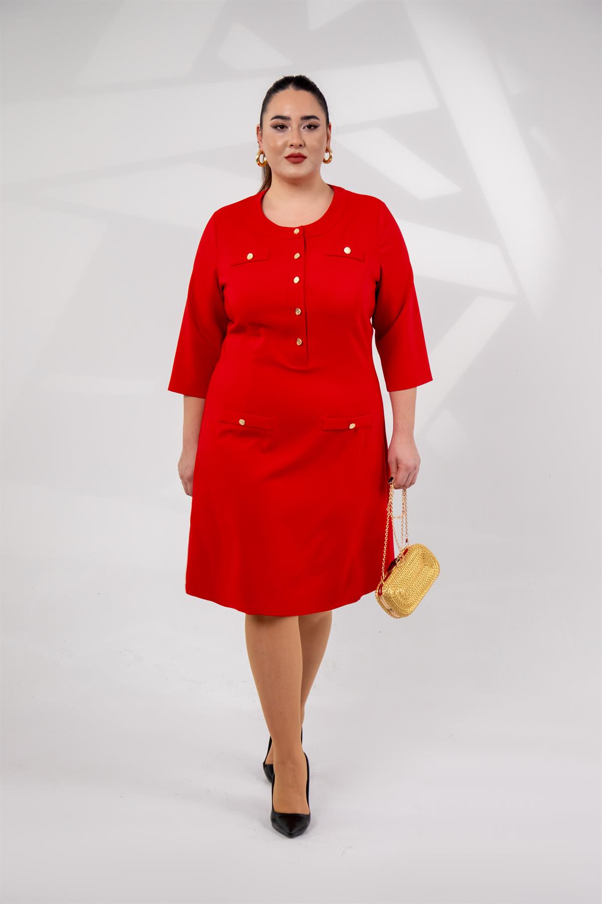 Büyük Beden 3330193 Düğme Detaylı Elbise Kırmızı