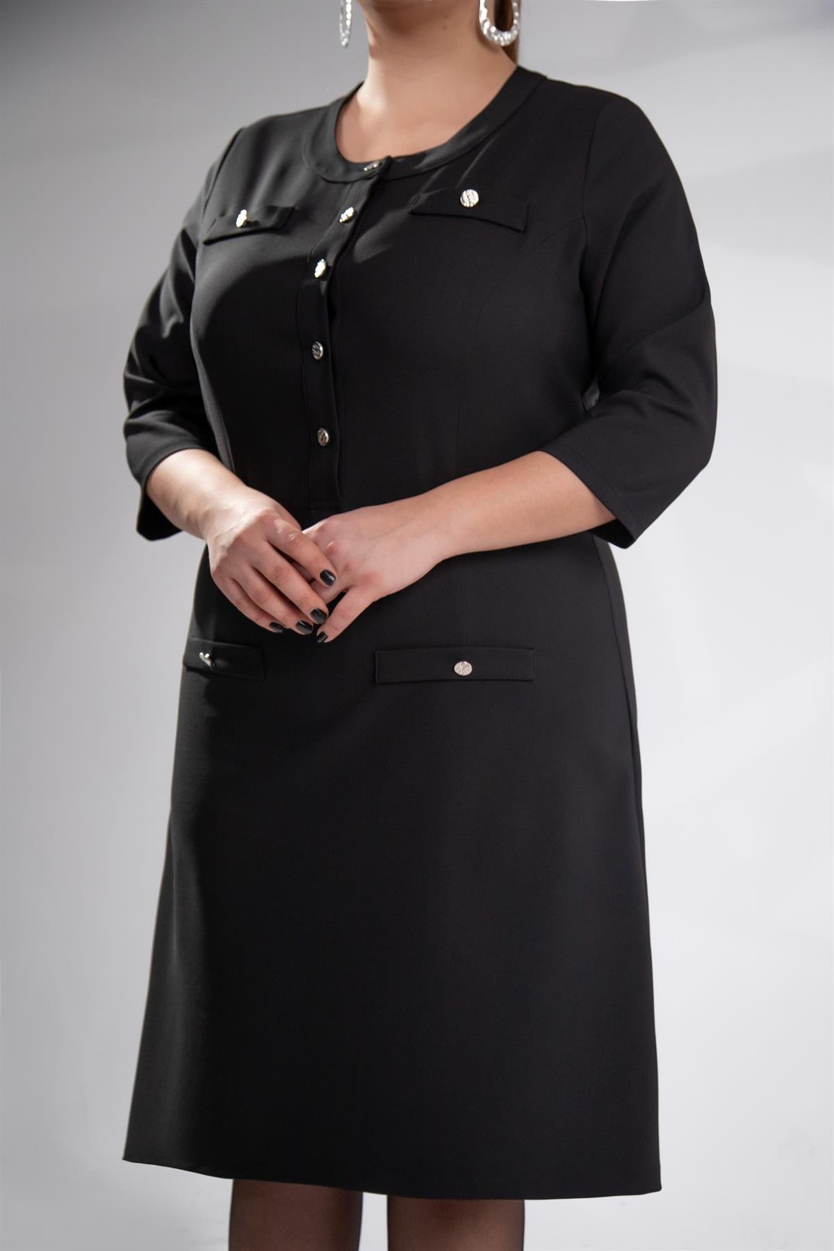 Büyük Beden 3330193 Düğme Detaylı Elbise Siyah