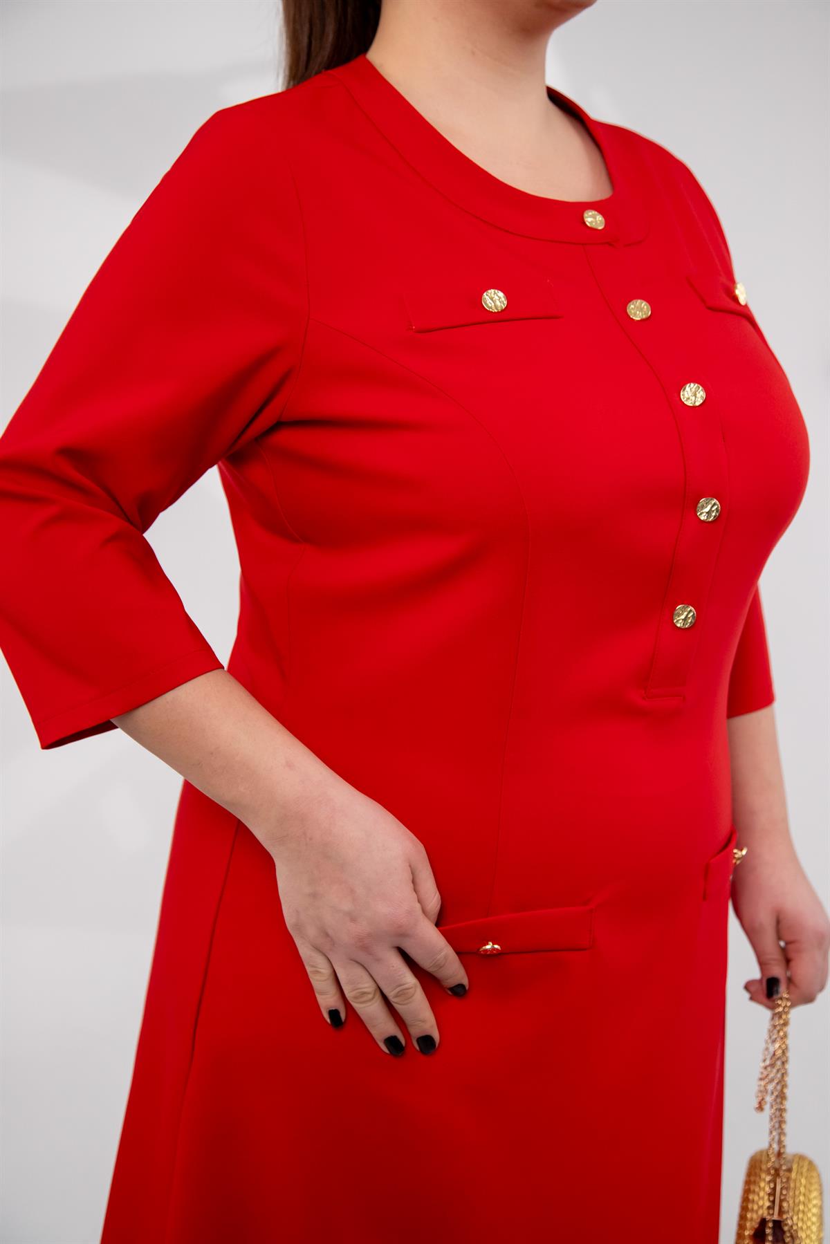 Büyük Beden 3330193 Düğme Detaylı Elbise Kırmızı