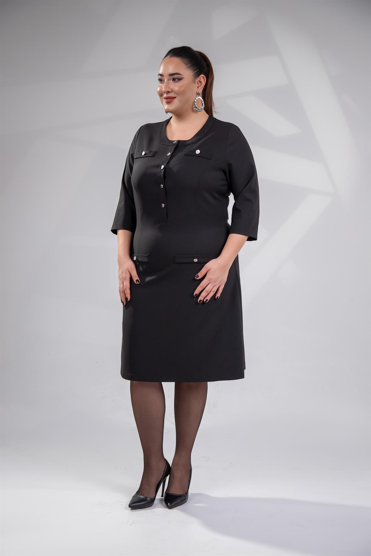 Büyük Beden 3330193 Düğme Detaylı Elbise Siyah