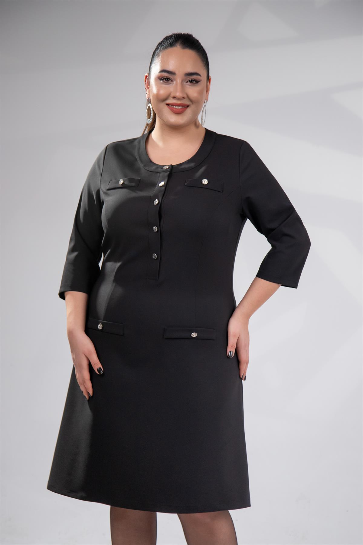 Büyük Beden 3330193 Düğme Detaylı Elbise Siyah