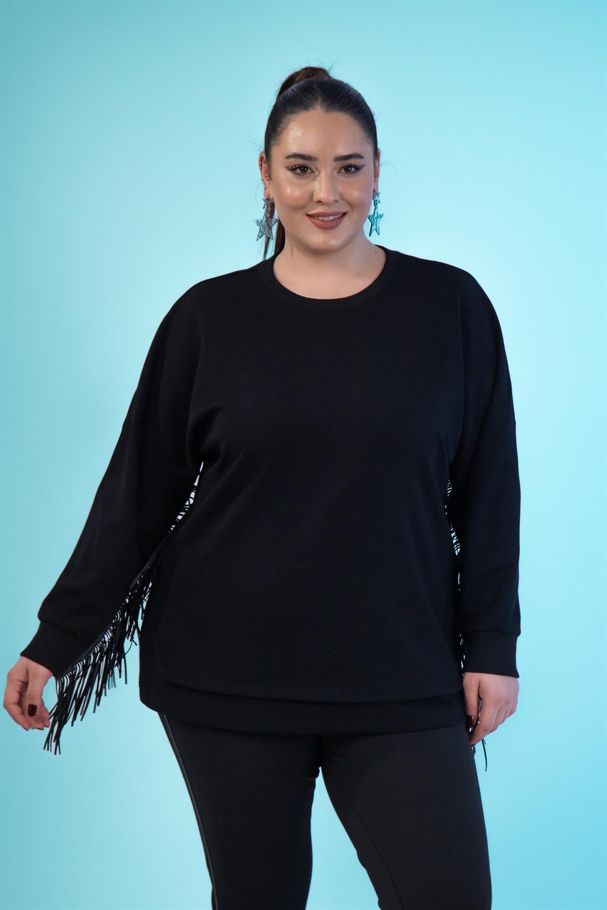 Büyük Beden 3330226 Deri Saçaklı Sweat Siyah