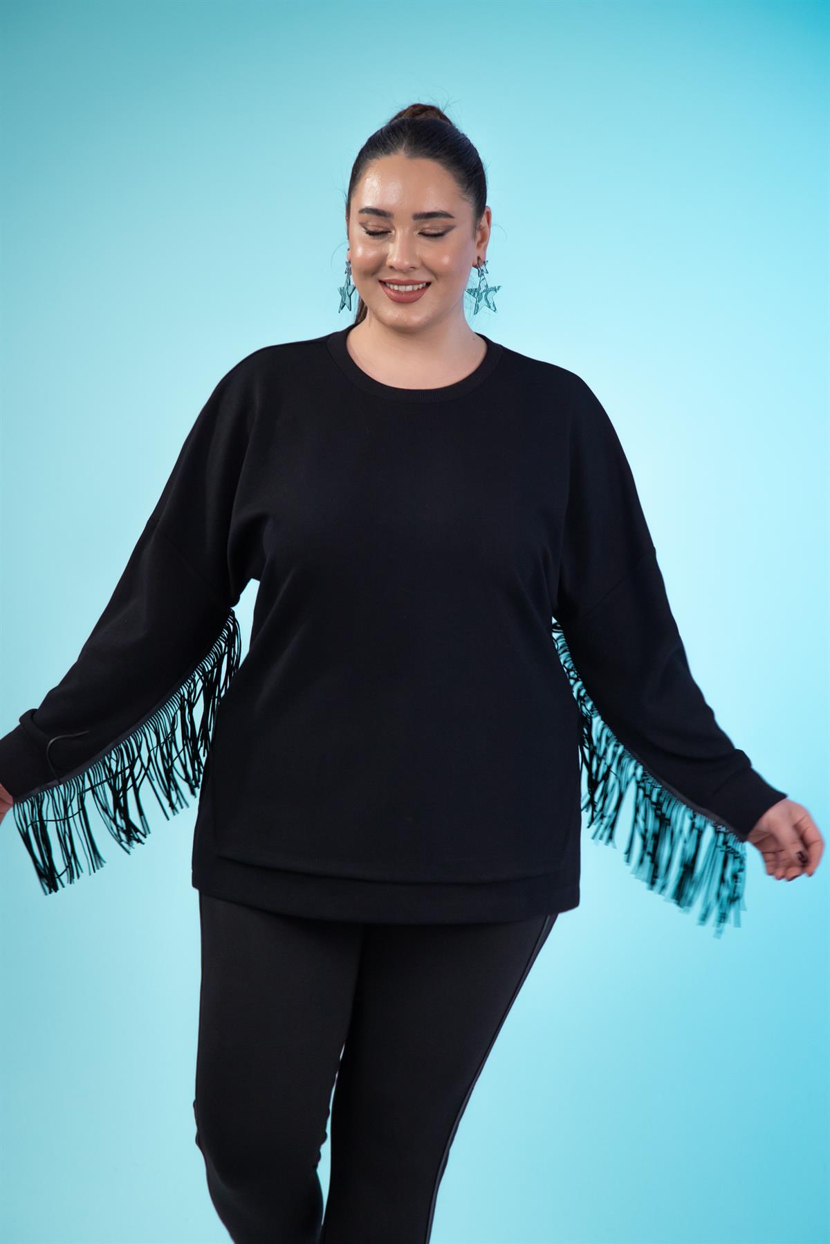 Büyük Beden 3330226 Deri Saçaklı Sweat Siyah