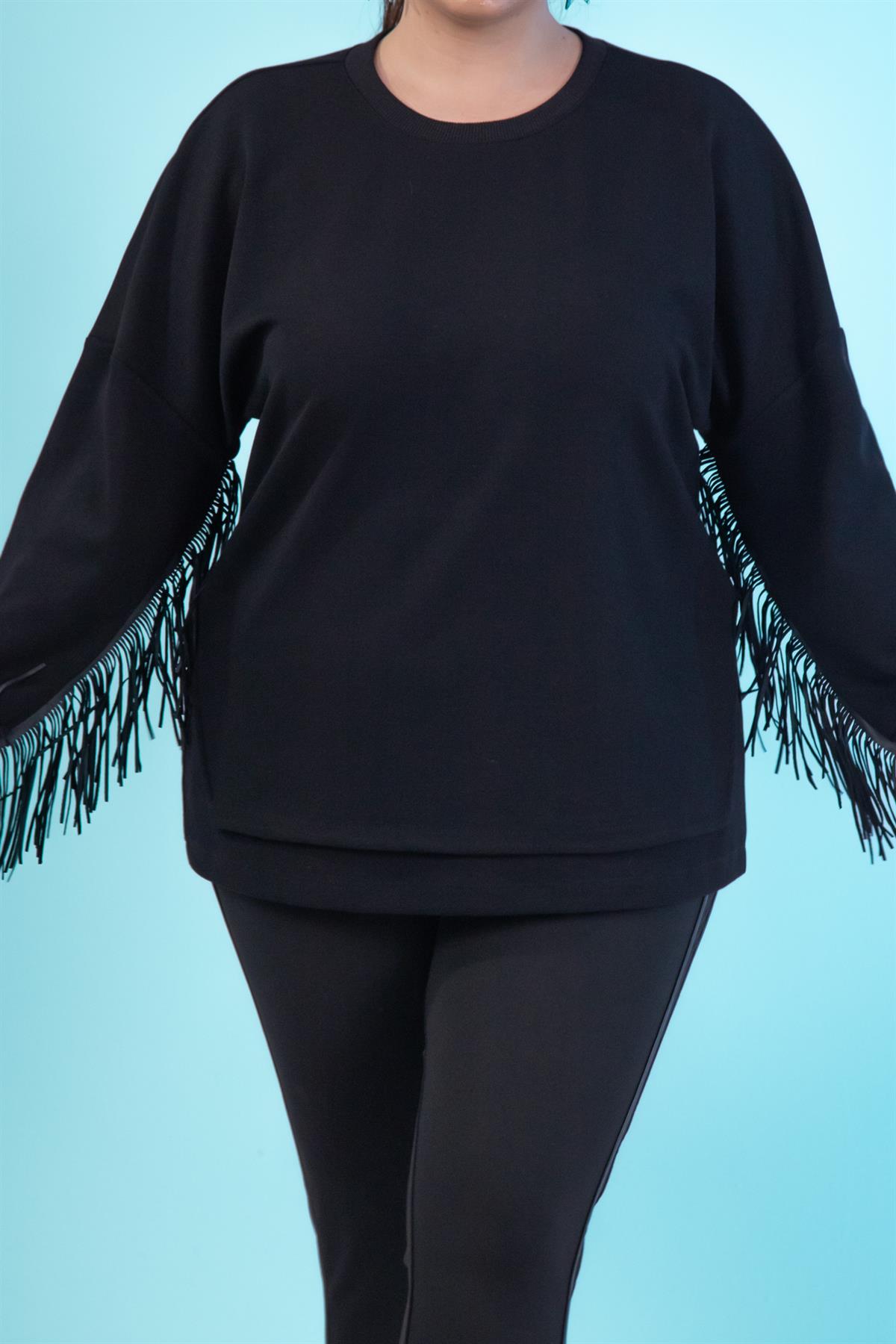 Büyük Beden 3330226 Deri Saçaklı Sweat Siyah