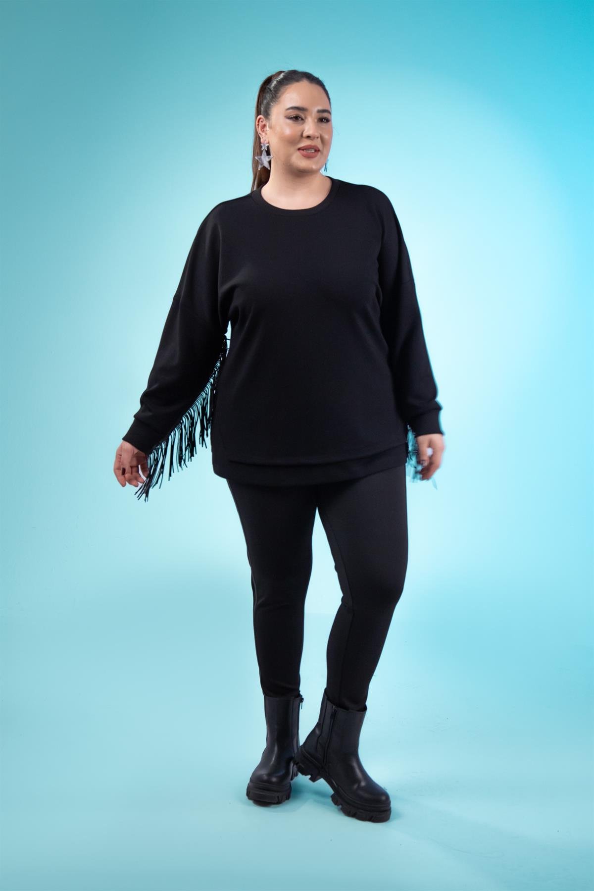 Büyük Beden 3330226 Deri Saçaklı Sweat Siyah