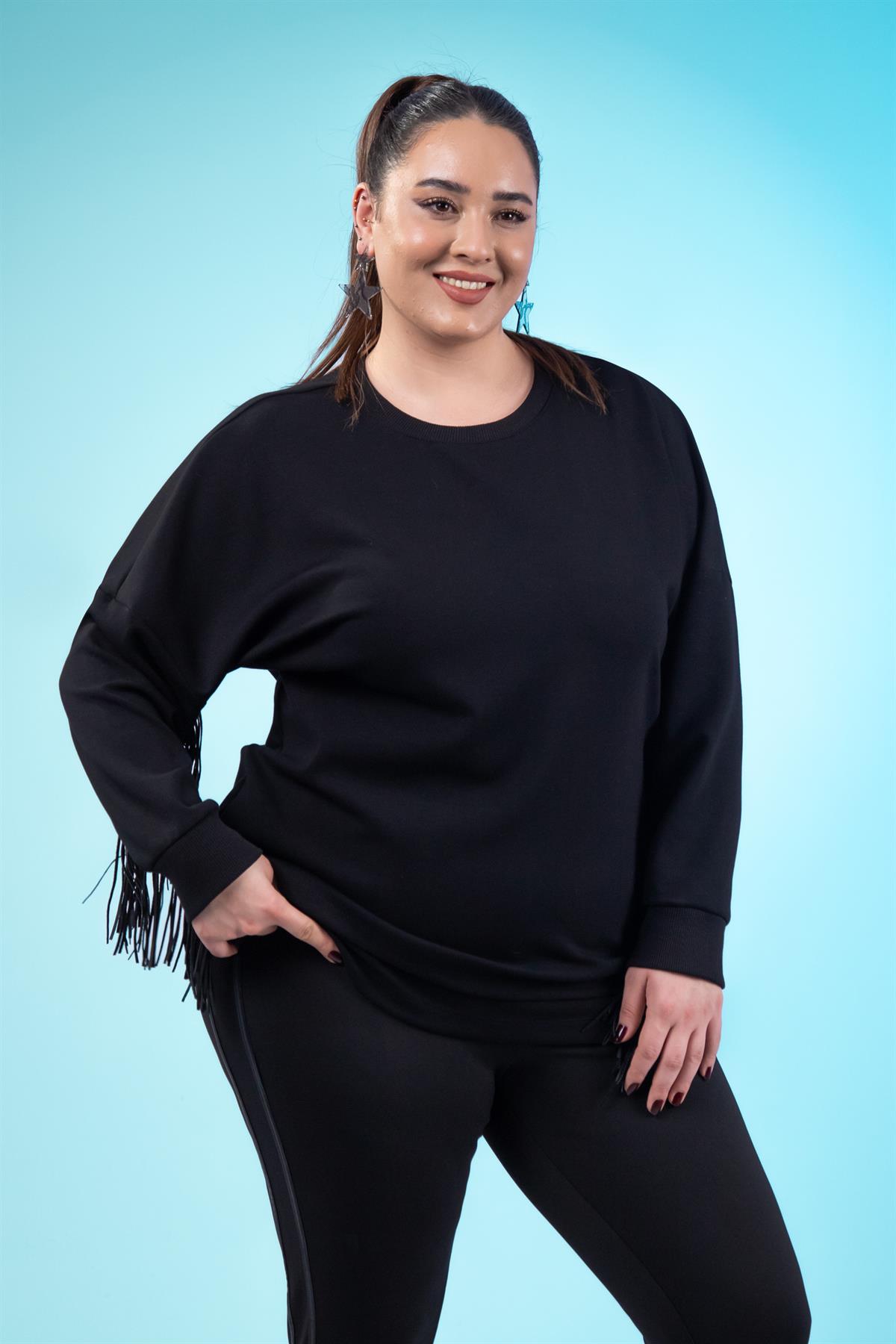 Büyük Beden 3330226 Deri Saçaklı Sweat Siyah