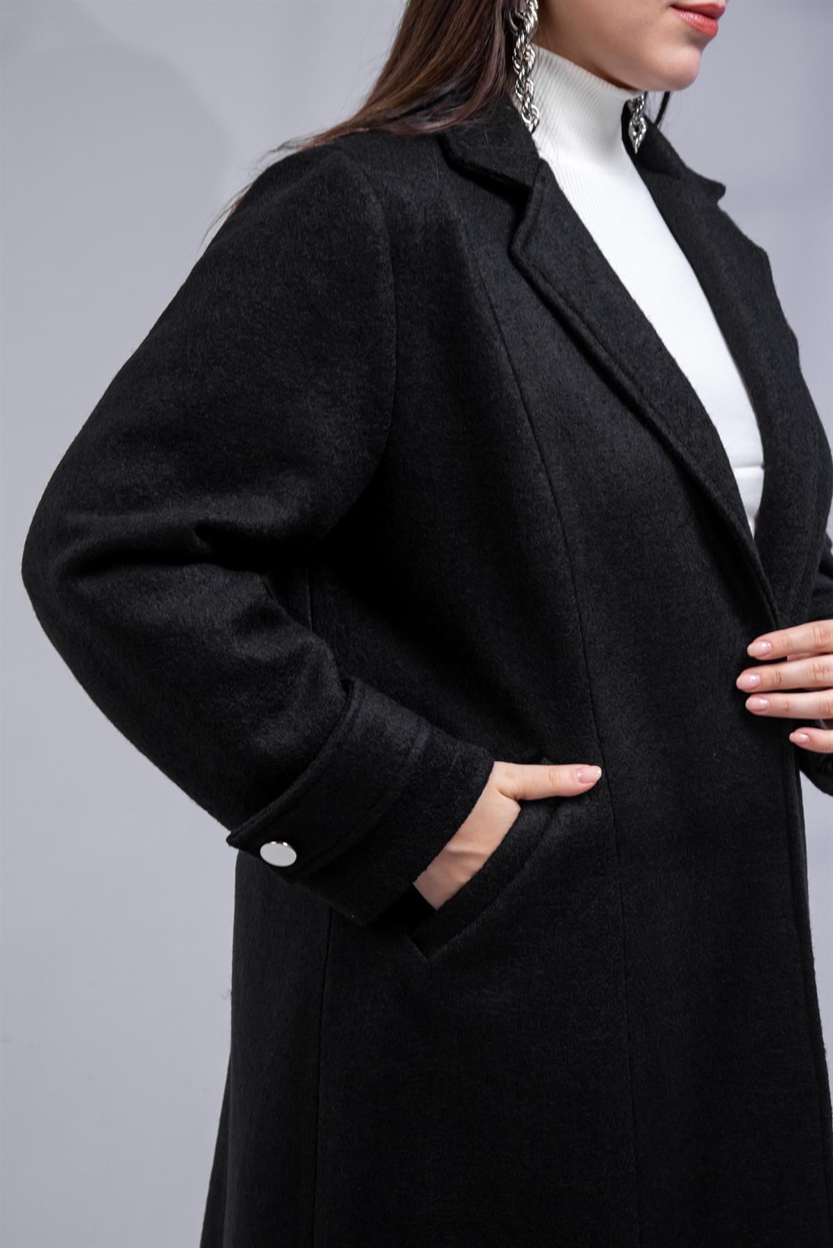 Büyük Beden 3330246 Çıt Çıt Detaylı Kaban Siyah