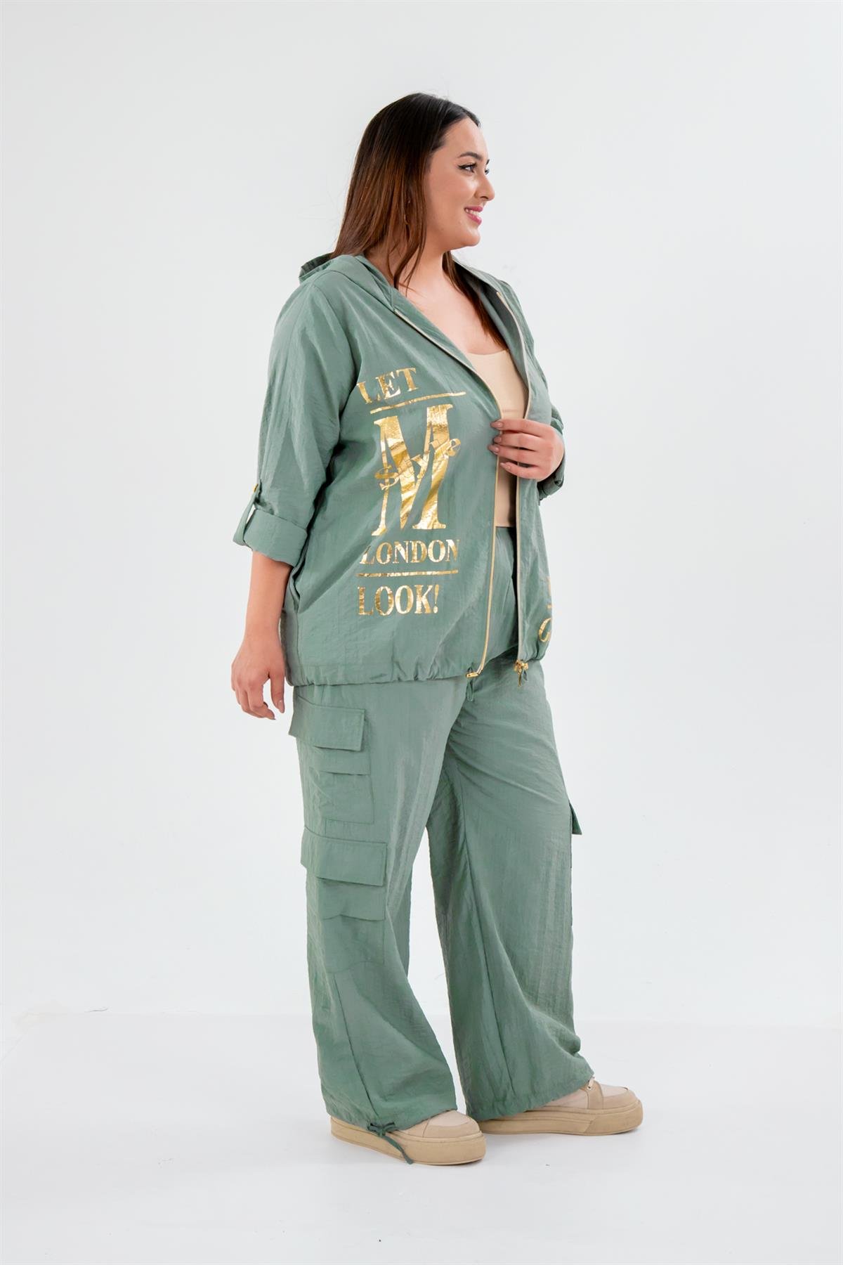 Büyük Beden 33303 Baskılı Sweat Haki