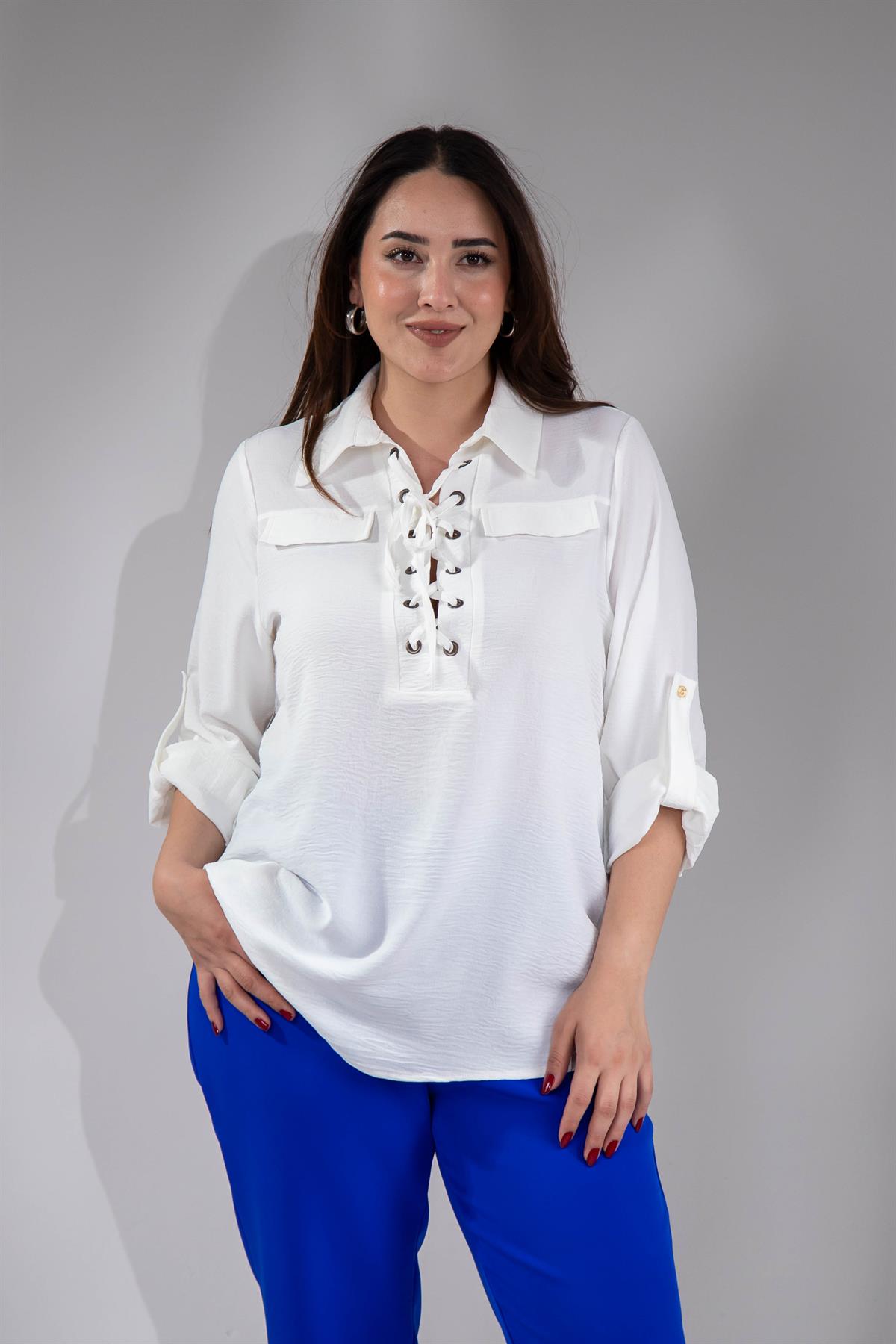 Büyük Beden 3330354 Yaka Bağcıklı Gömlek Beyaz