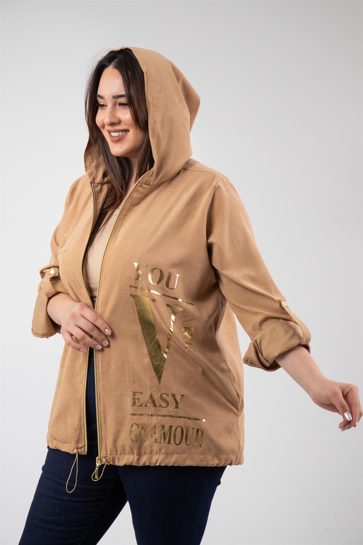 Büyük Beden 3330358 Varak Baskılı Rüzgarlık Camel