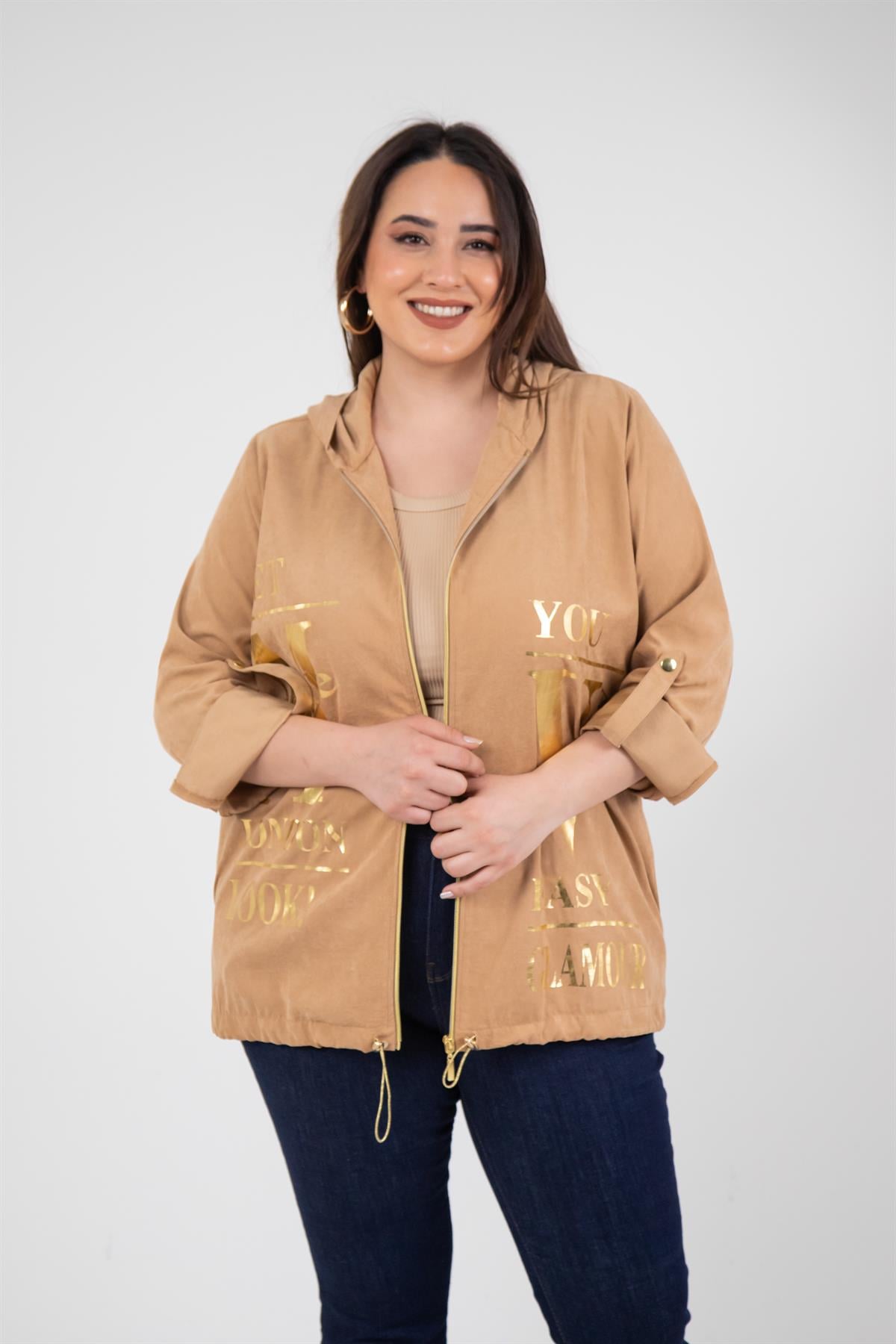 Büyük Beden 3330358 Varak Baskılı Rüzgarlık Camel