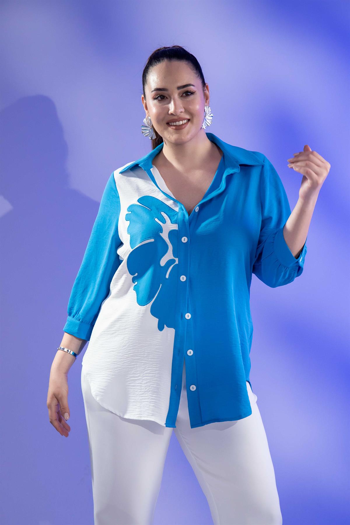 Büyük Beden 3330363 Nakış İşlemeli Gömlek Mavi