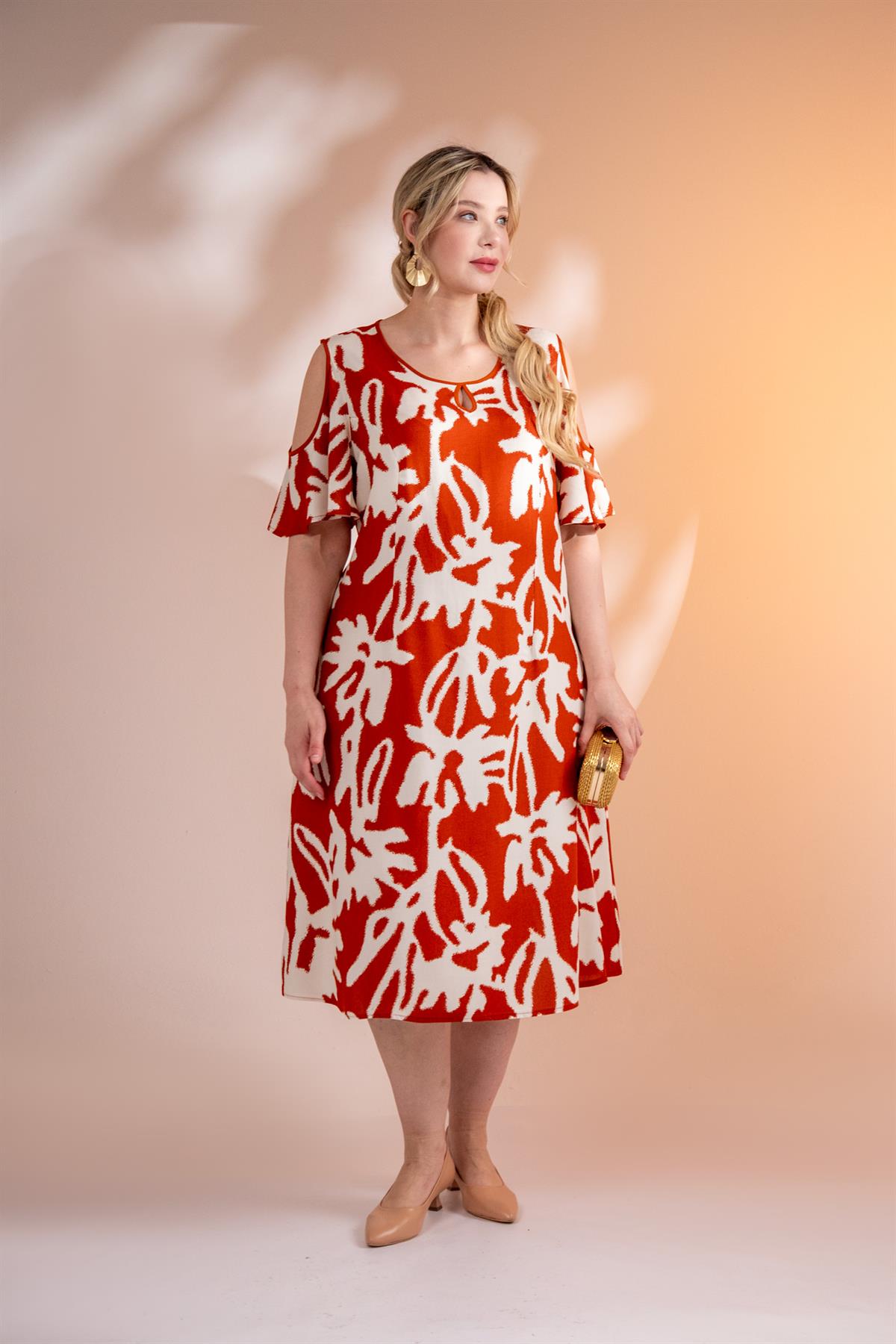 Büyük Beden 3330366 OmuZ-Kol Detaylı Elbise  Kiremit