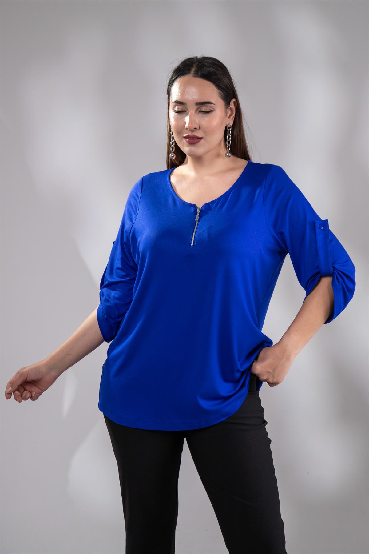 Büyük Beden 3330439 Önü Fermuarlı Bluz  Saks