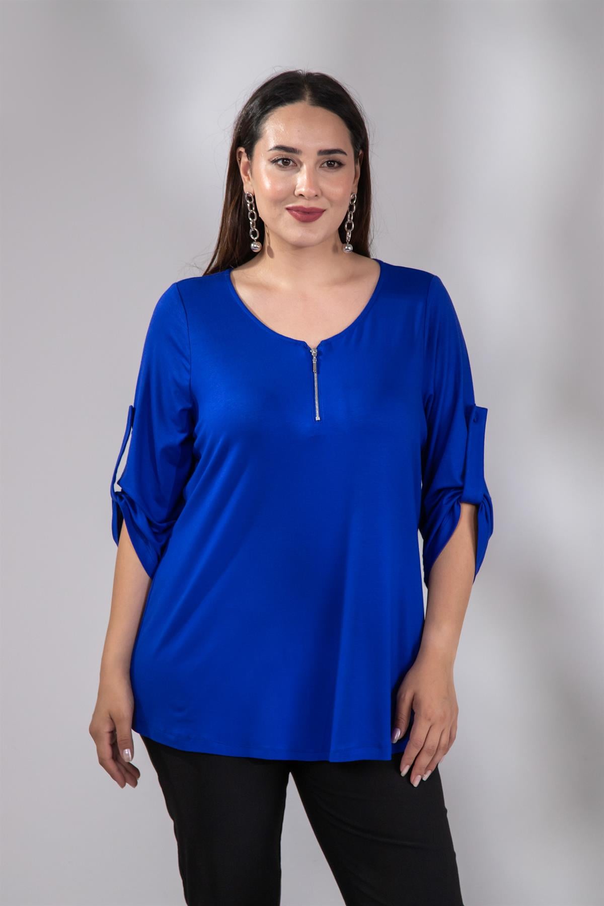 Büyük Beden 3330439 Önü Fermuarlı Bluz  Saks