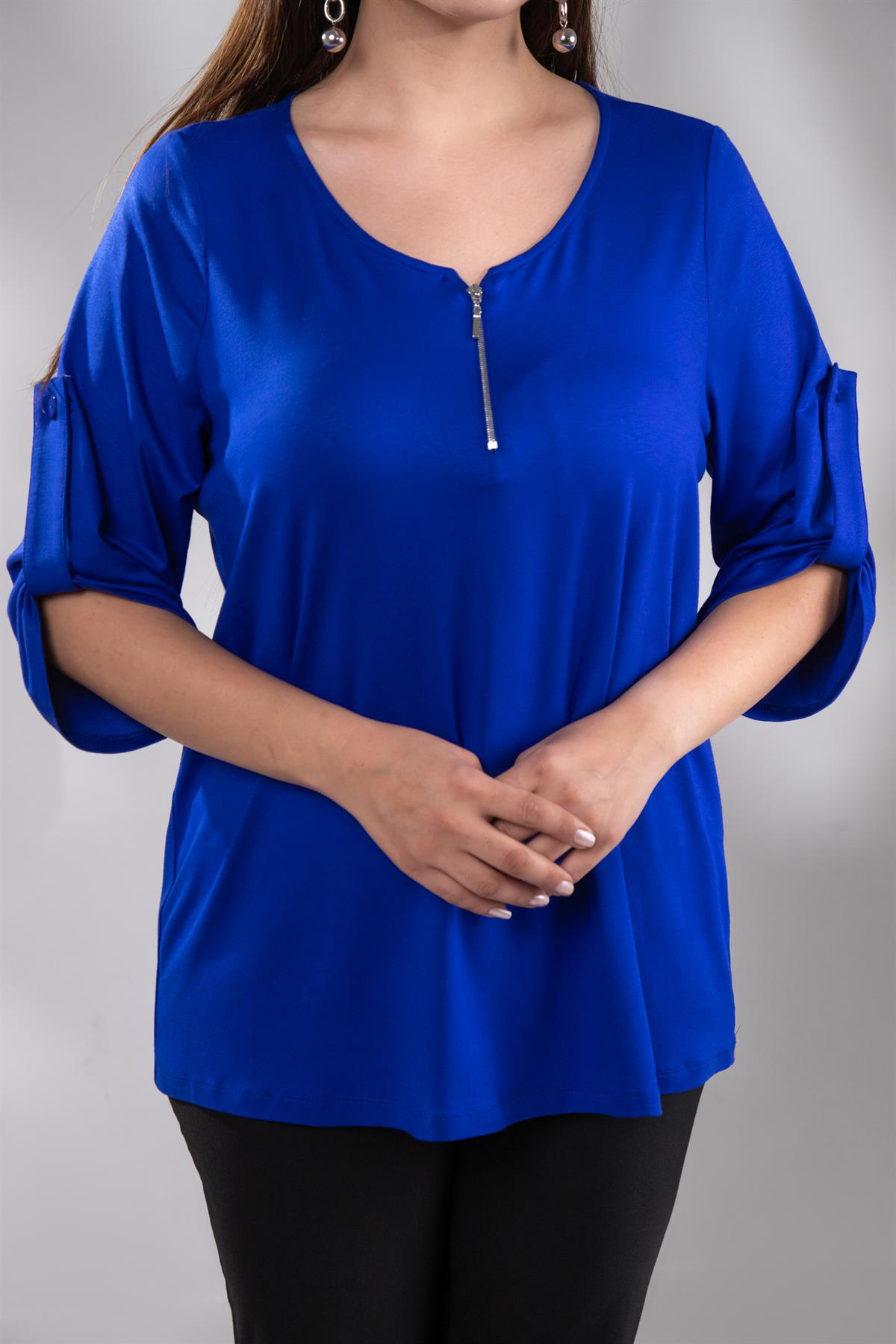Büyük Beden 3330439 Önü Fermuarlı Bluz  Saks
