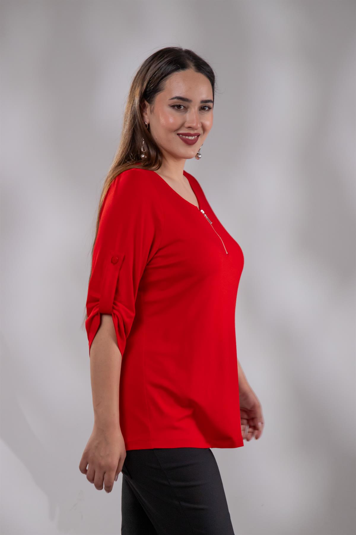 Büyük Beden 3330439 Önü Fermuarlı Bluz  Kırmızı