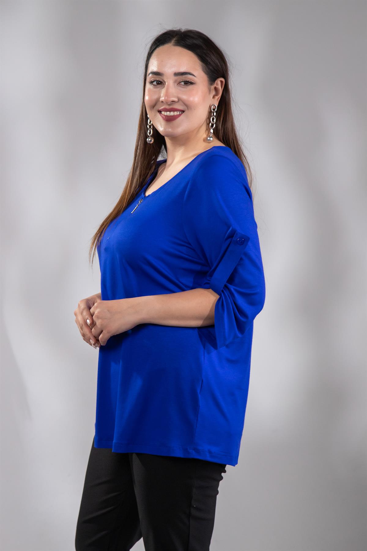 Büyük Beden 3330439 Önü Fermuarlı Bluz  Saks