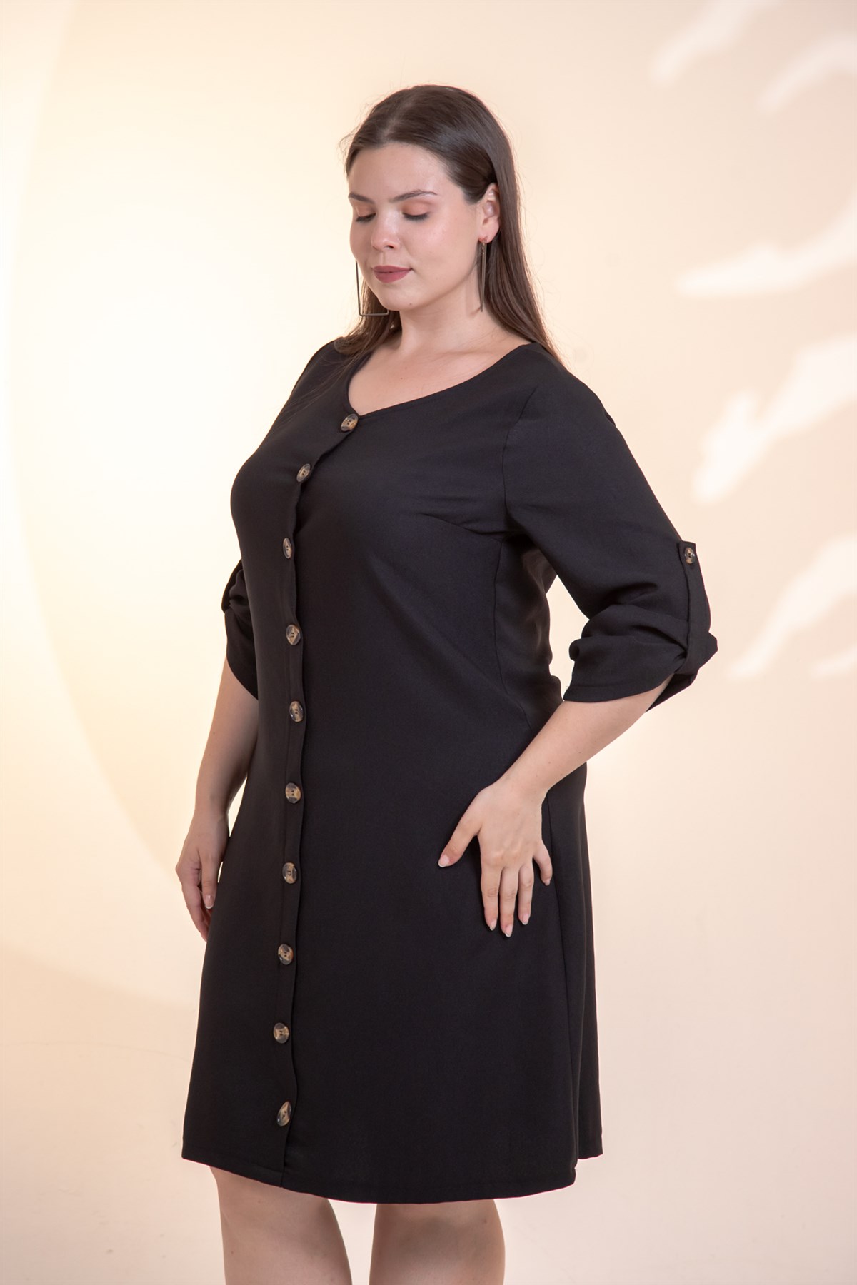 Büyük Beden 3330447 Önü Düğmeli Elbise Siyah