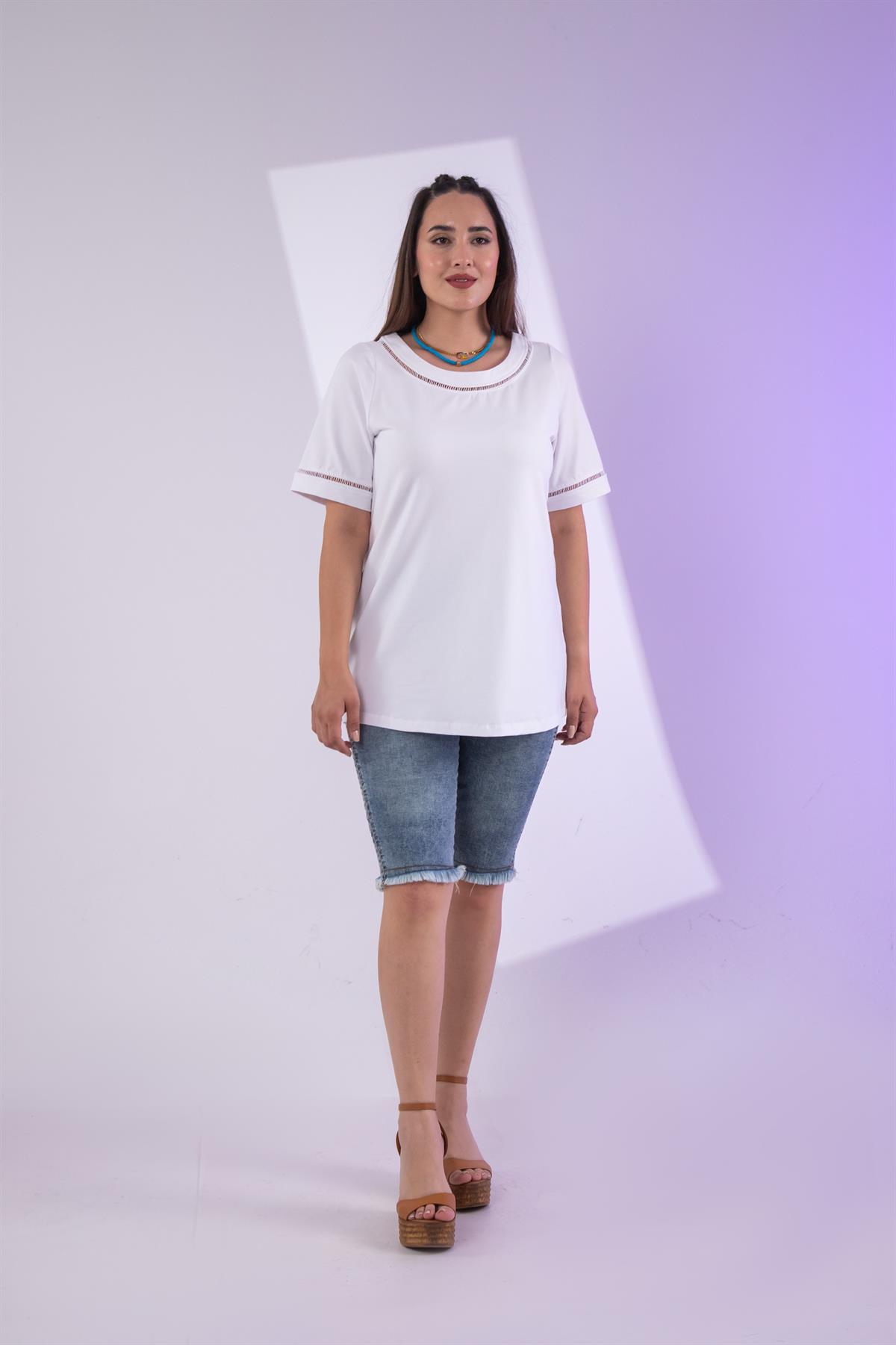 Büyük Beden 3330460 Şerit Detaylı Bluz  Beyaz