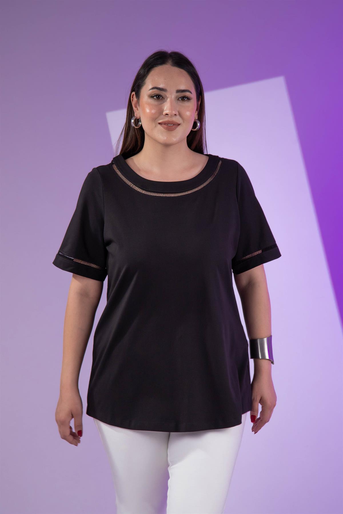 Büyük Beden 3330460 Şerit Detaylı Bluz  Siyah