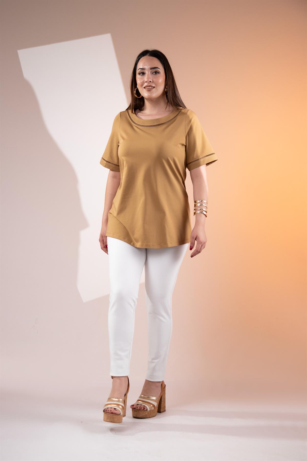 Büyük Beden 3330460 Şerit Detaylı Bluz  Camel