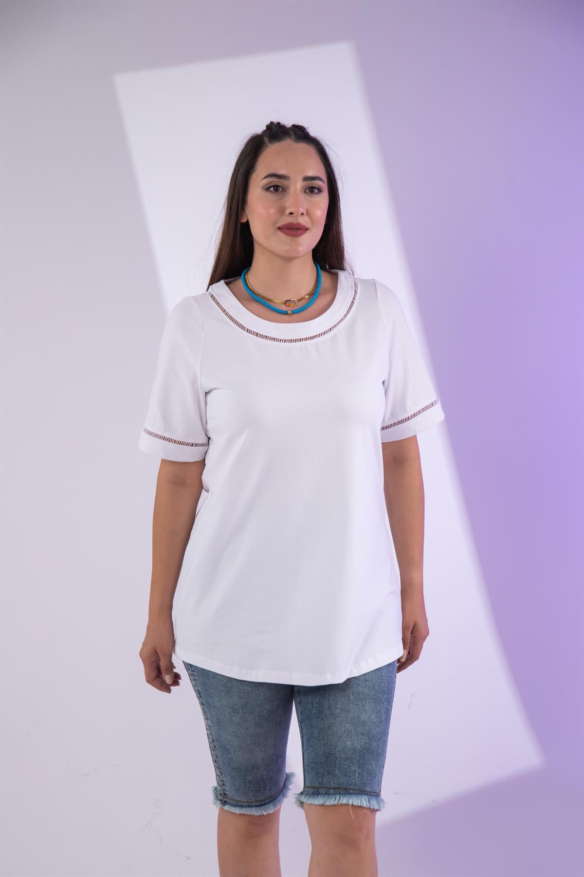Büyük Beden 3330460 Şerit Detaylı Bluz  Beyaz