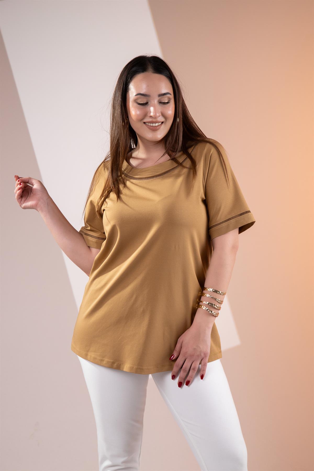 Büyük Beden 3330460 Şerit Detaylı Bluz  Camel