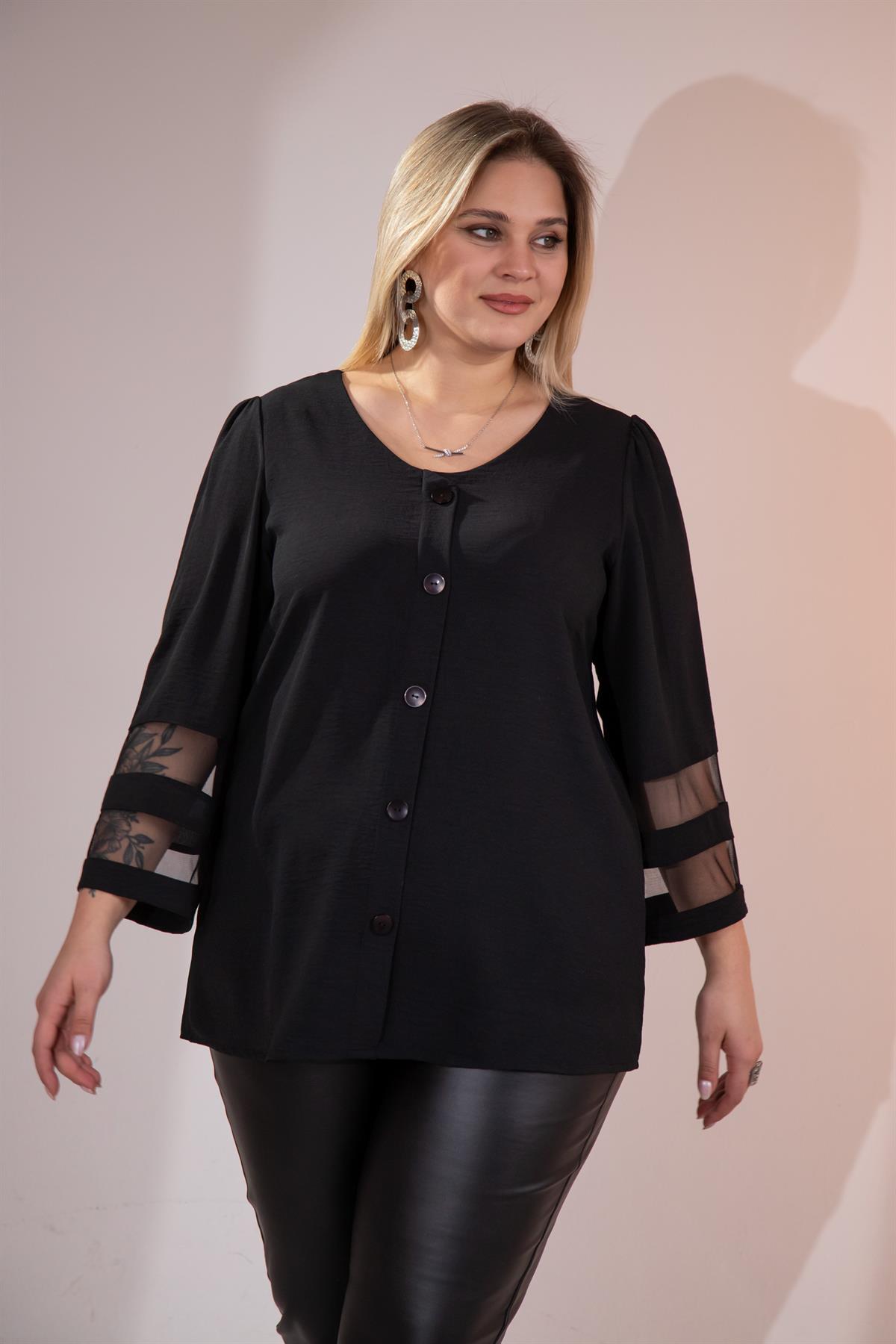 Büyük Beden 3330464 Kolu Tül Detaylı Bluz Siyah