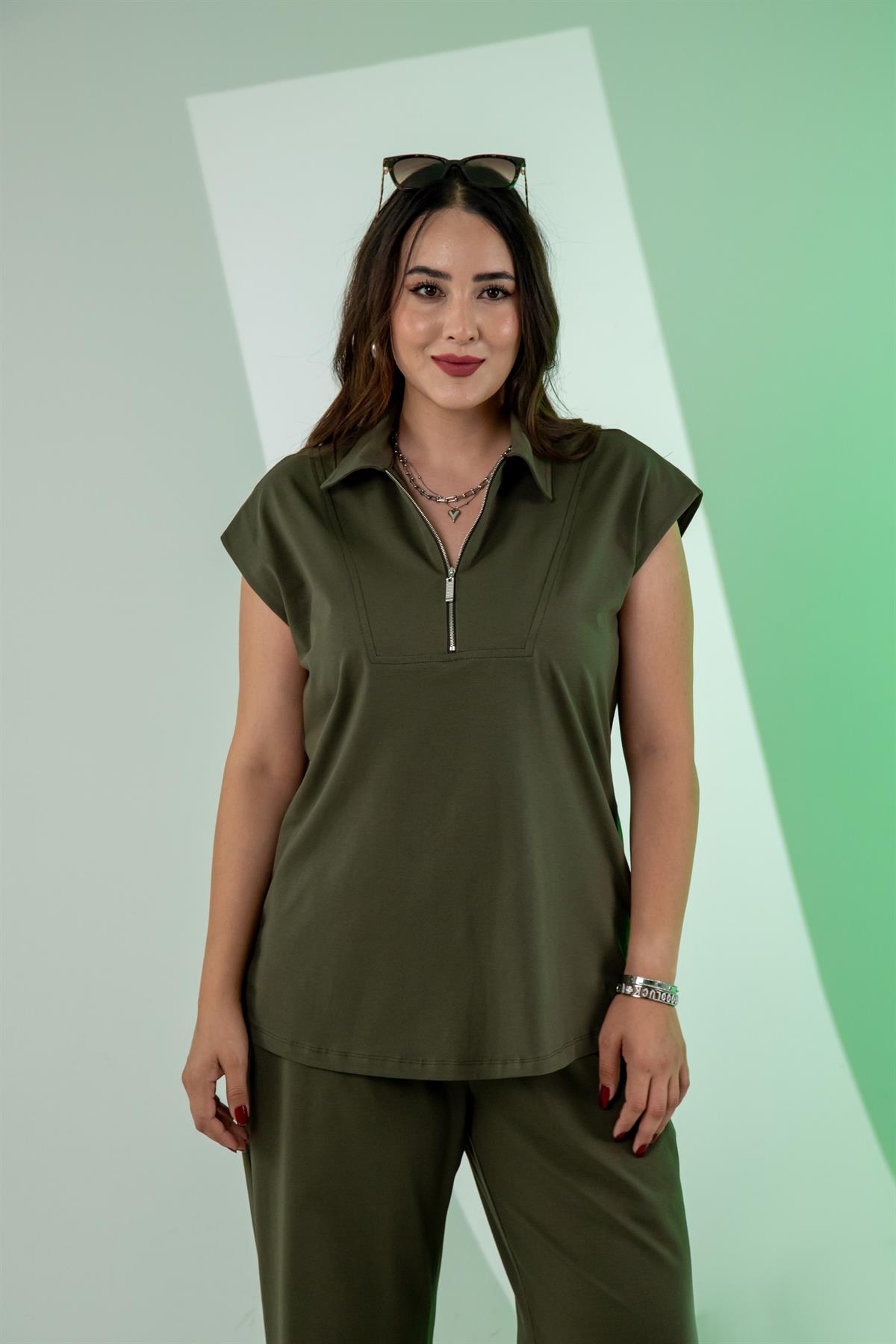Büyük Beden 3330474 Fermuar Detaylı 2li Takım Haki