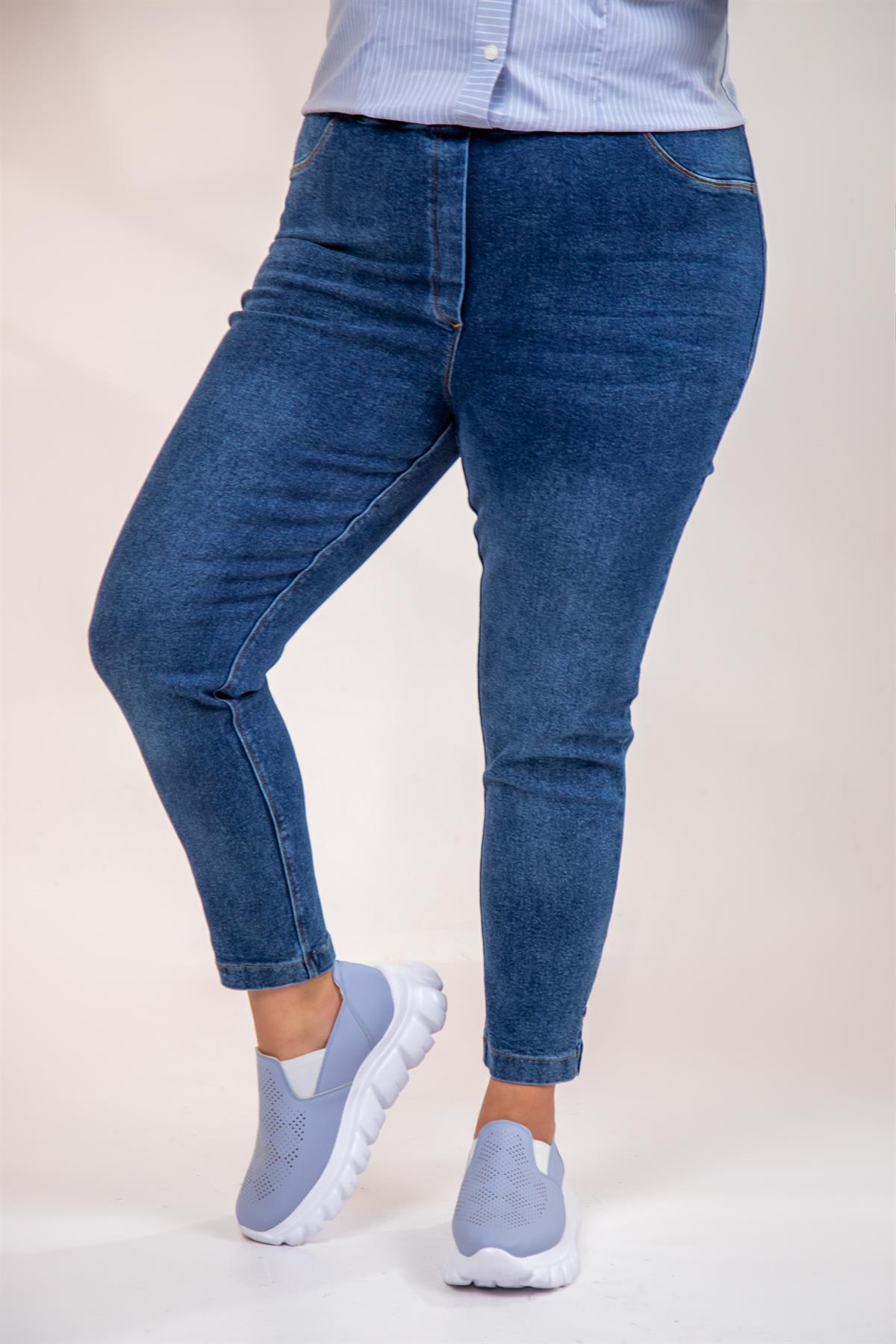 Büyük Beden 333052 Beli Lastikli Denim Pantolon  Mavi