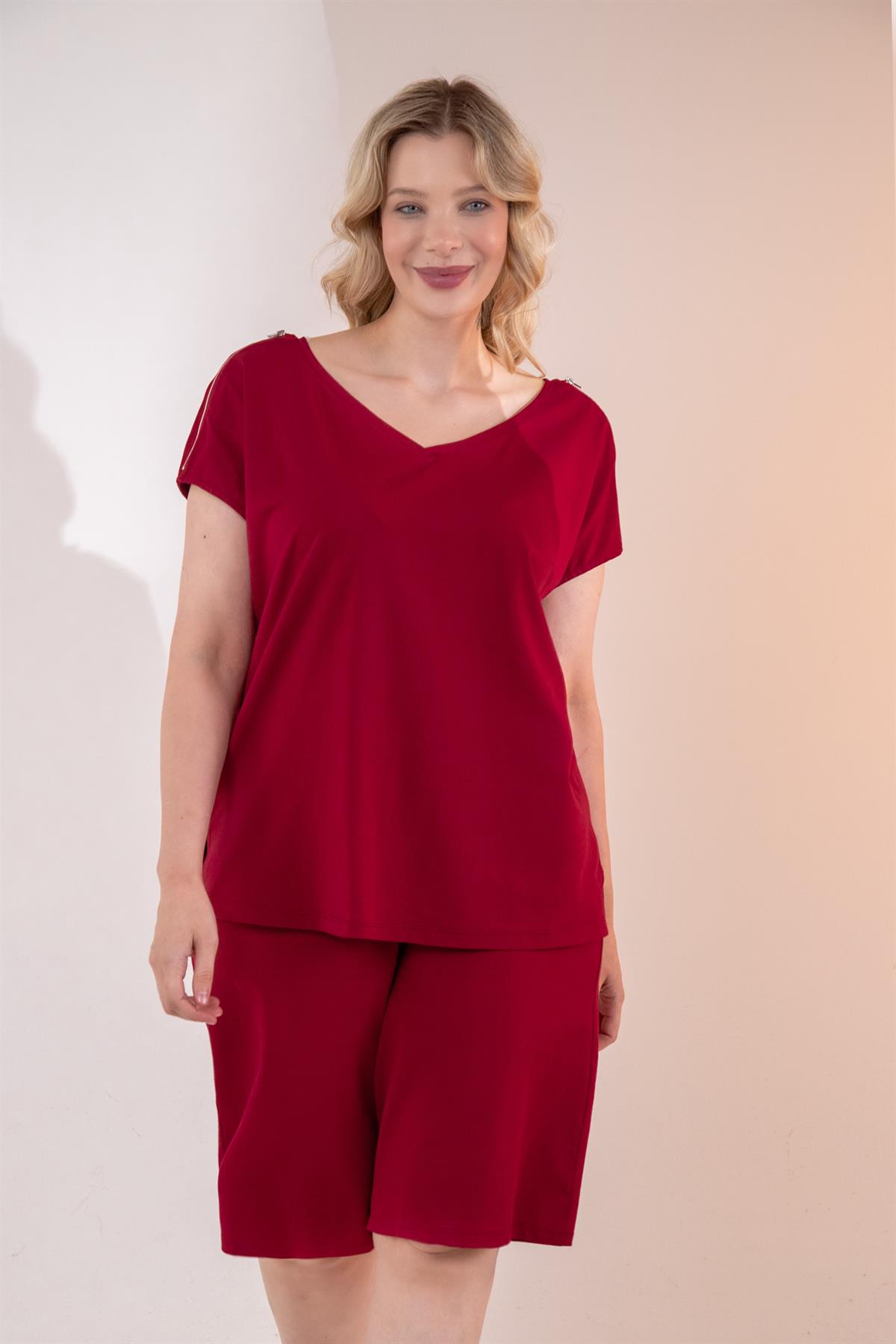 Büyük Beden 3330531 Fermuar Detaylı Bluz Bordo