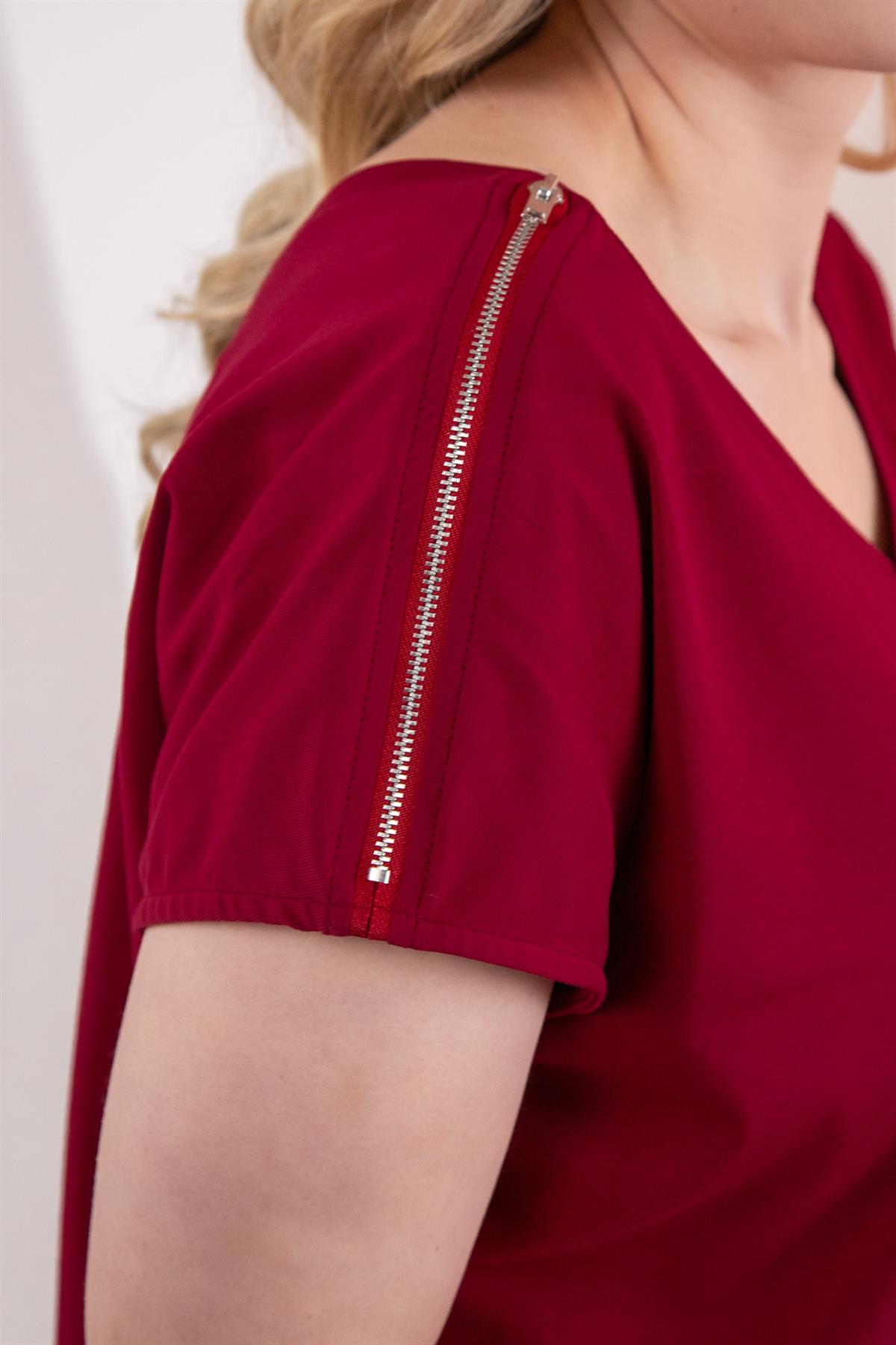 Büyük Beden 3330531 Fermuar Detaylı Bluz Bordo