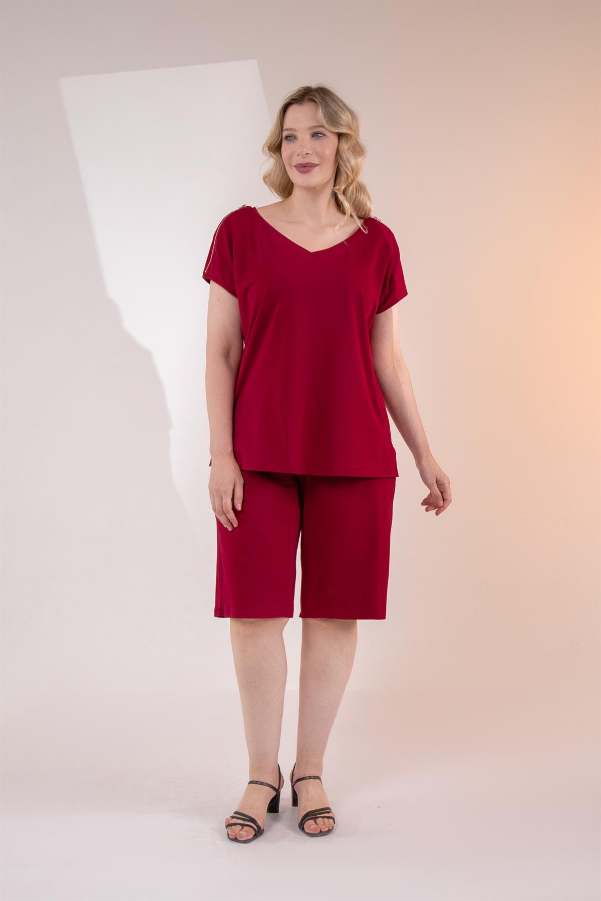 Büyük Beden 3330531 Fermuar Detaylı Bluz Bordo