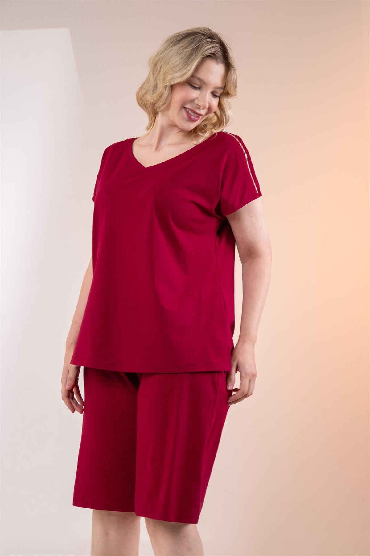 Büyük Beden 3330531 Fermuar Detaylı Bluz Bordo