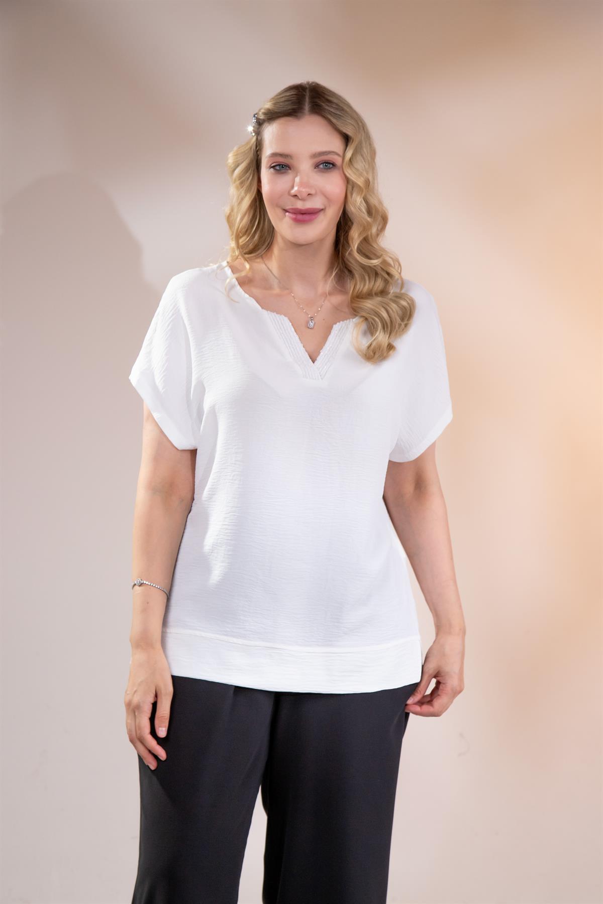 Büyük Beden 3330538 Yaka Pul Payetli Bluz Beyaz